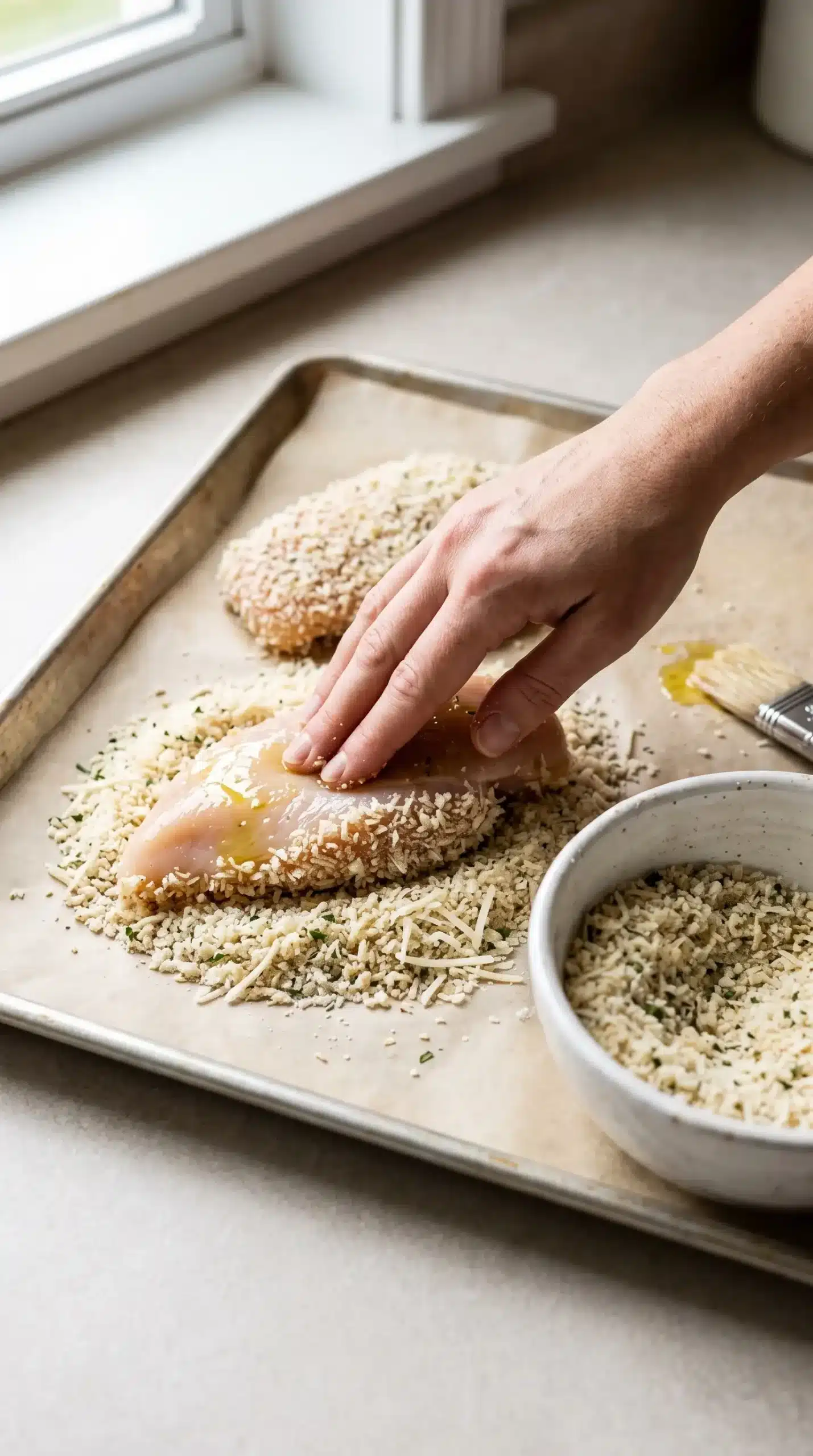 Chicken breast being pressed into a Parmesan panko coating before baking