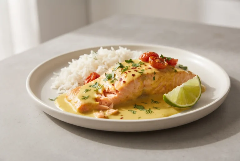 Coconut curry salmon fillet with creamy coconut sauce, rice, herbs, and lime on a plate