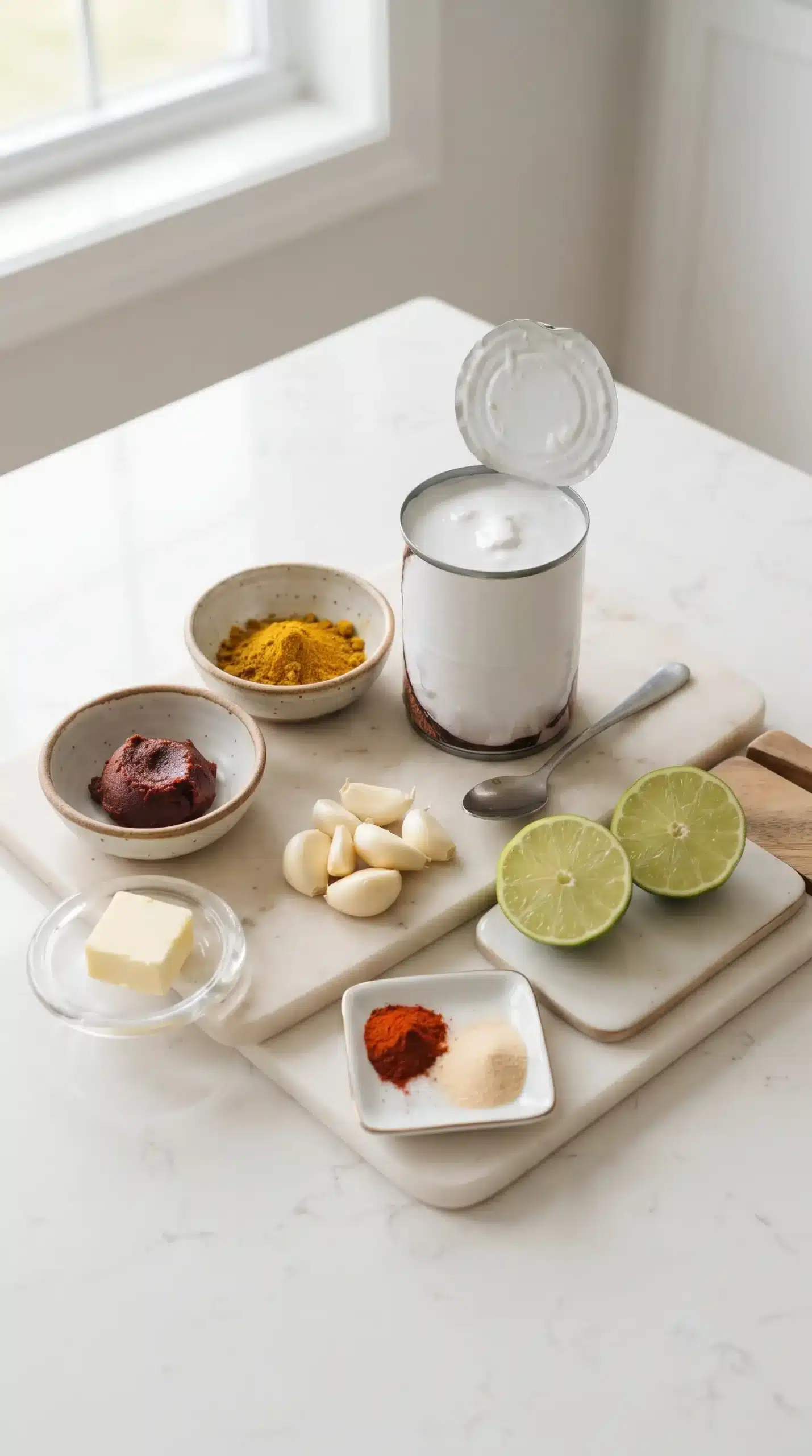 Coconut milk, curry paste, spices, garlic, butter, and lime for salmon sauce preparation