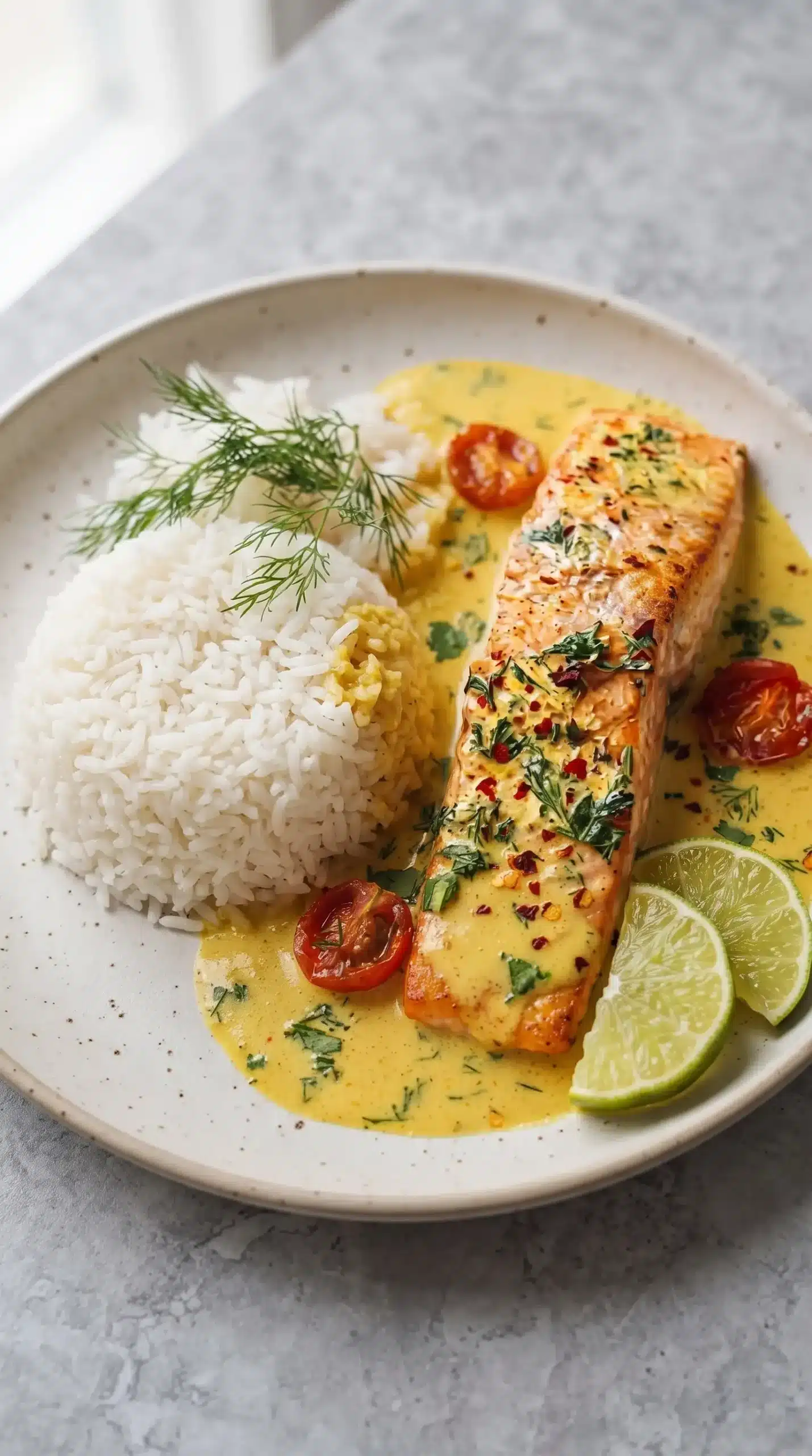 Coconut curry salmon served with jasmine rice, herbs, and lime garnish