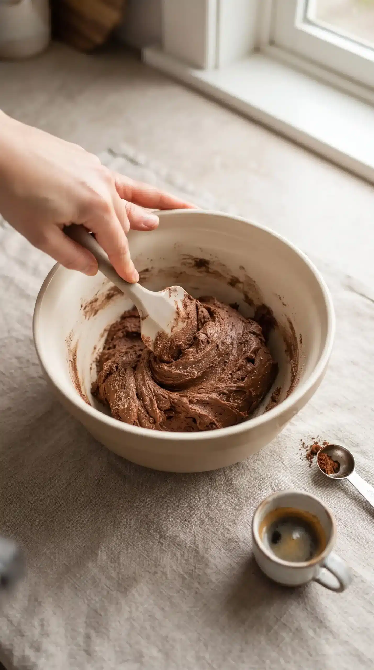 Chocolate truffle dough being mixed with almond flour and cocoa