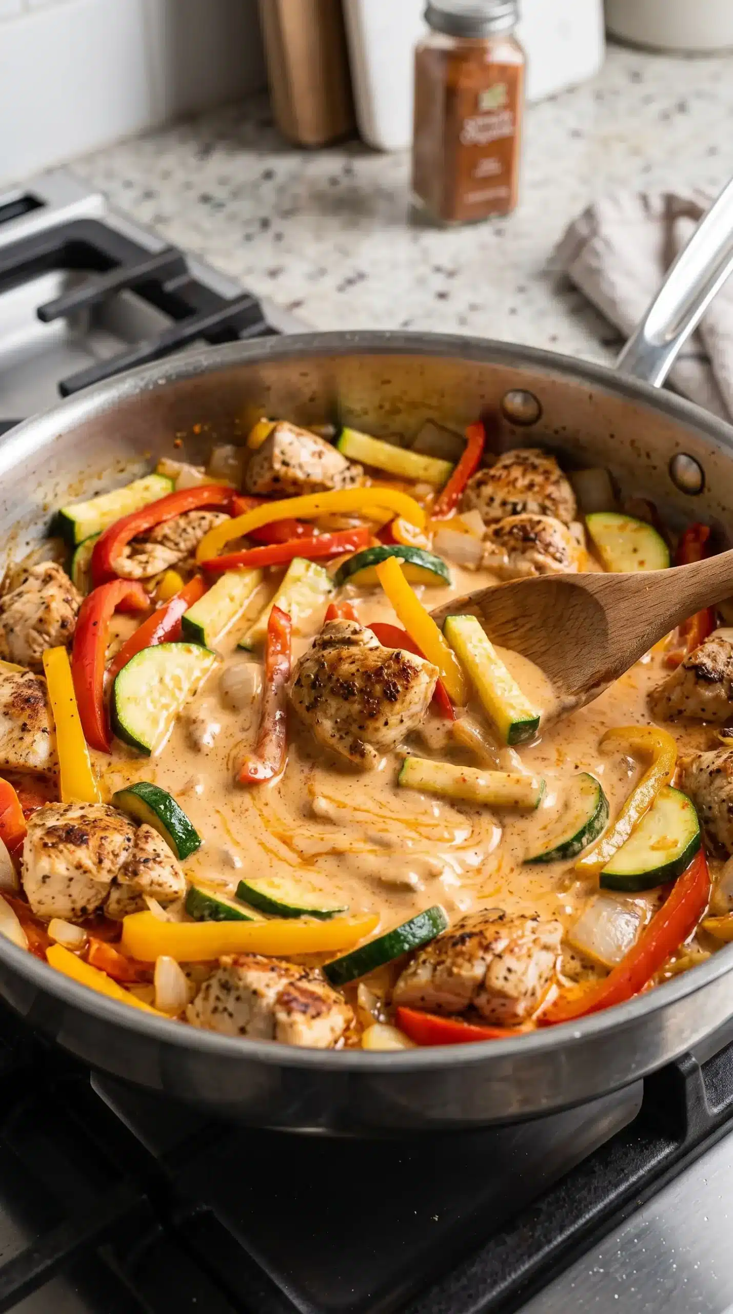 Skillet cooking chicken with peppers, zucchini, onion, and ajvar cream sauce