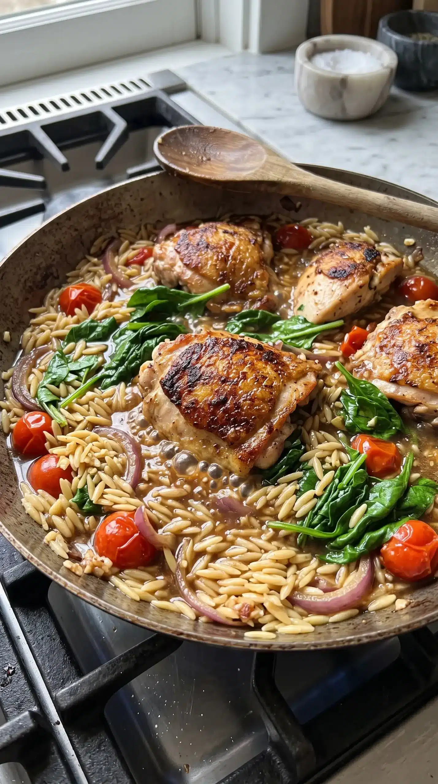 Skillet cooking process showing browned chicken and orzo with vegetables for a one-pan dinner