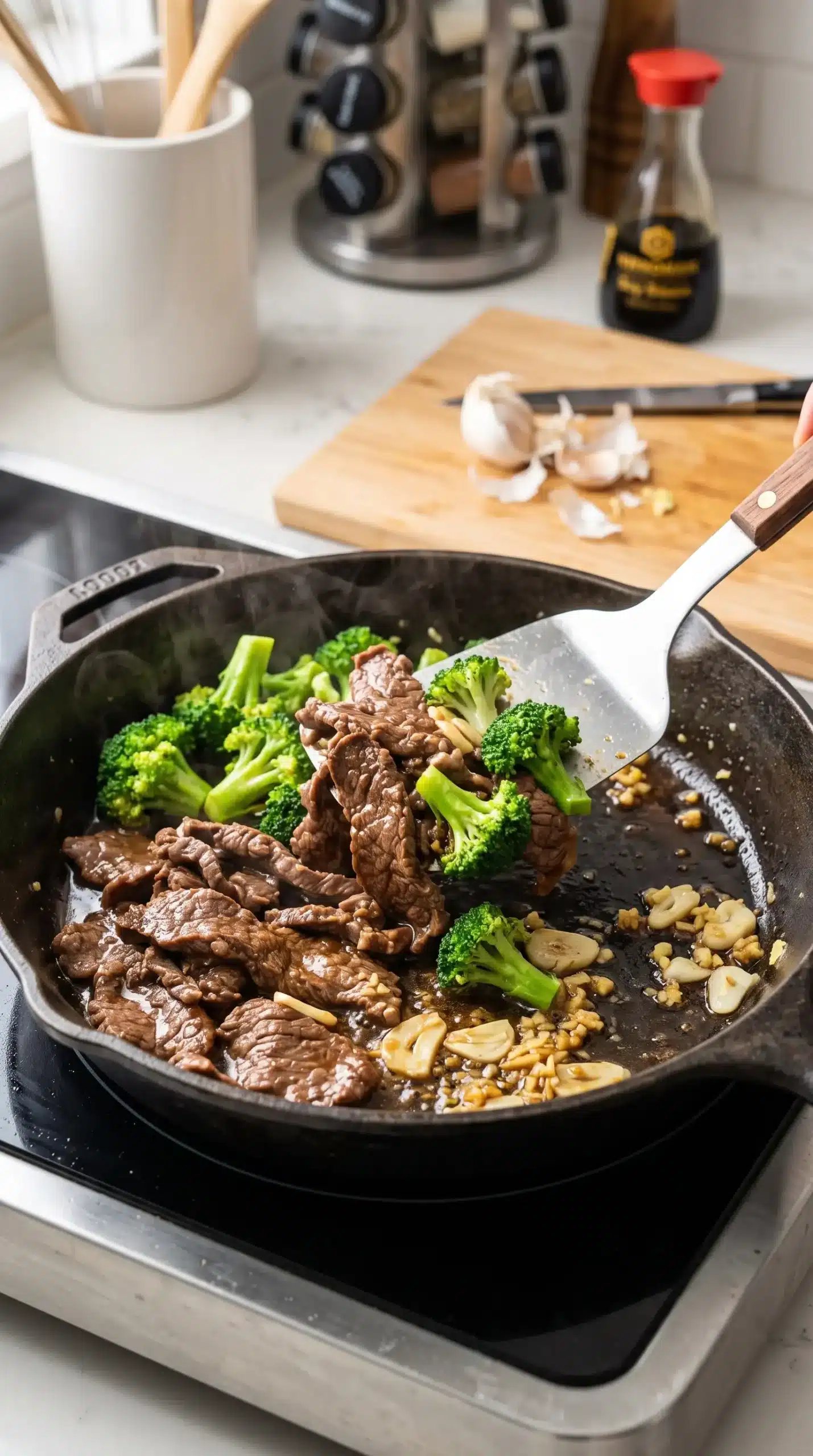 Beef and broccoli stir fry cooking in a skillet with garlic, ginger, and sauce