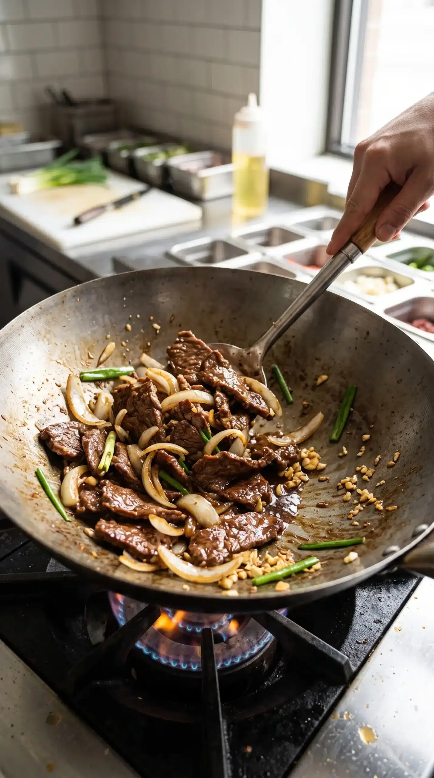 Beef and onions cooking in a skillet with savory sauce during stir frying