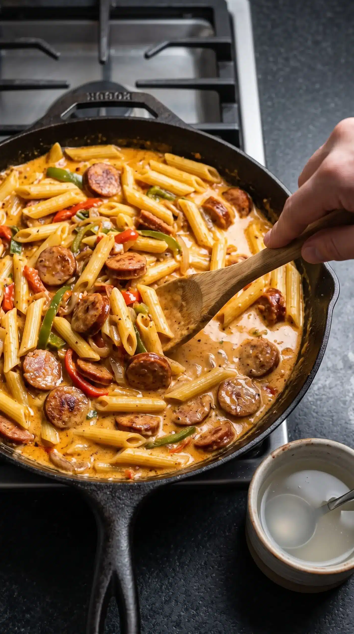 Skillet cooking cajun sausage pasta with sausage, vegetables, pasta, and creamy cheese sauce