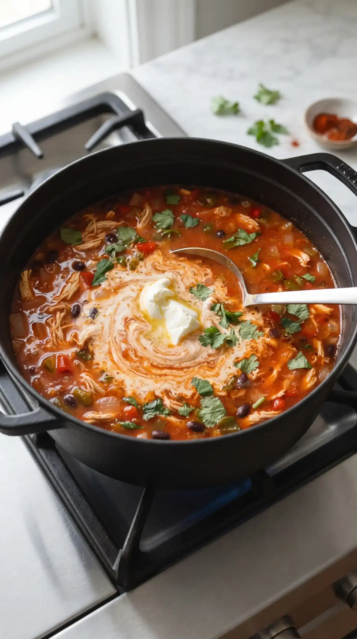 Chicken enchilada soup simmering in a saucepan as cream cheese blends into the broth
