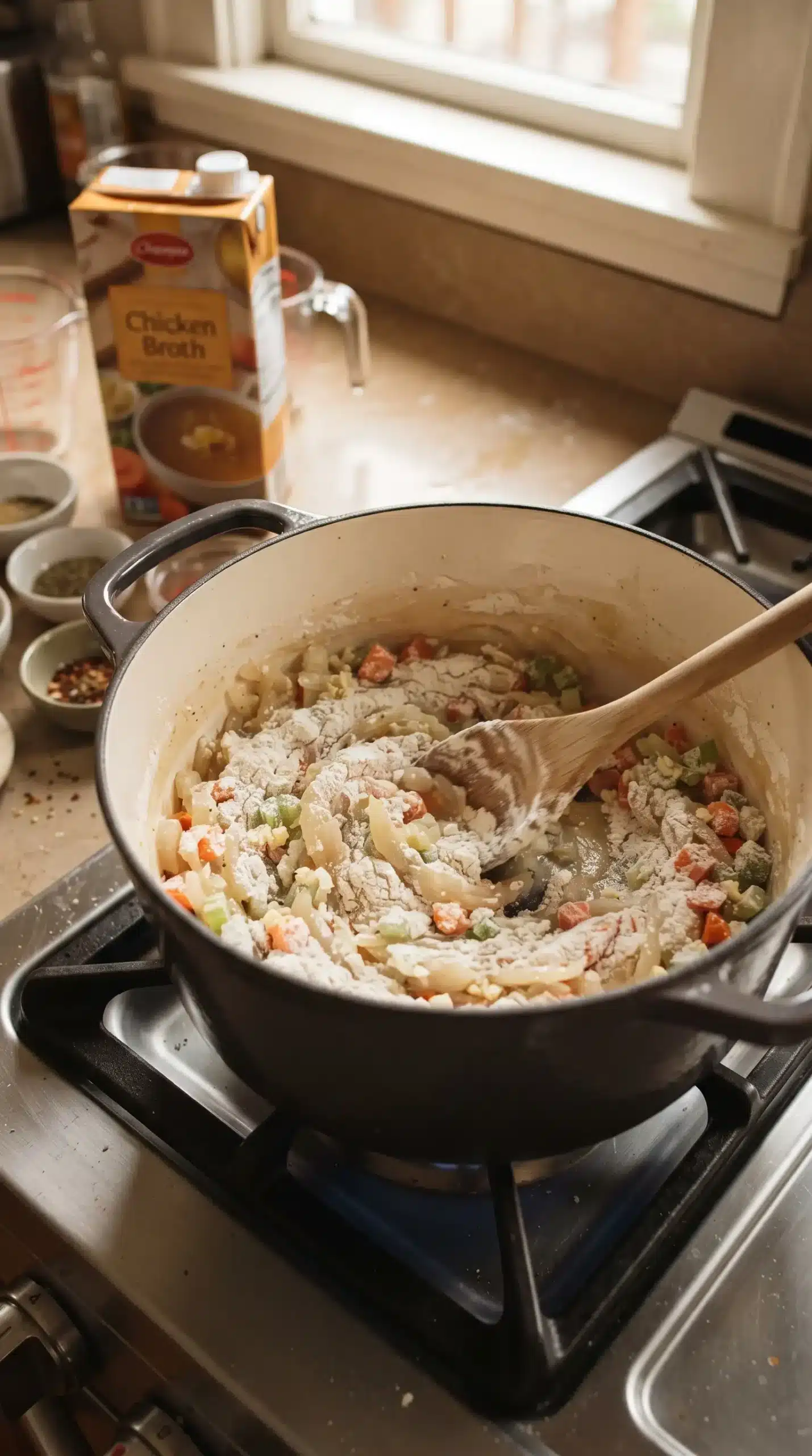 Soup base cooking with vegetables, garlic, and roux in a pot for creamy chicken soup