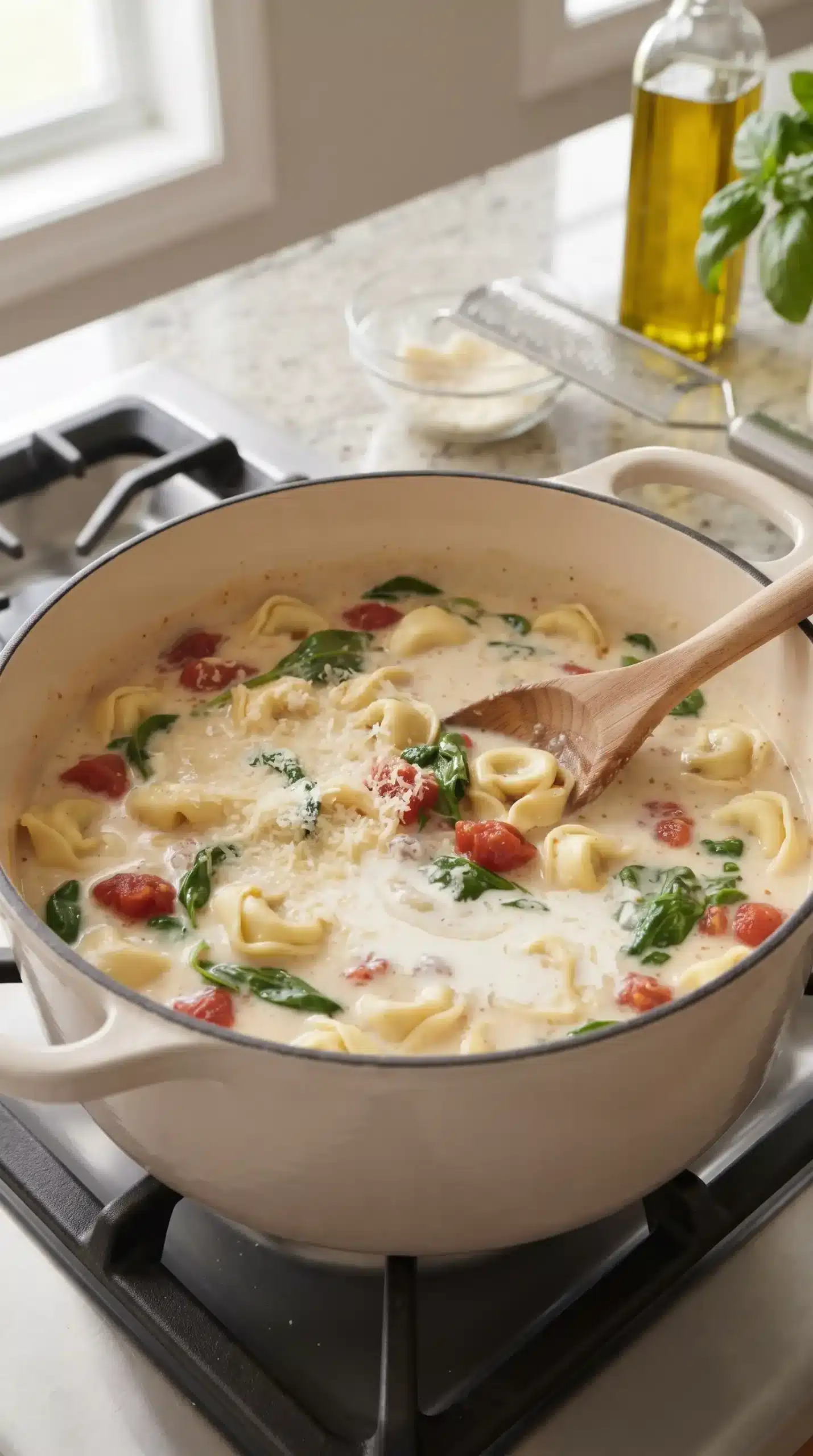 Creamy tortellini soup being stirred in a pot with spinach, tomatoes, and Parmesan broth