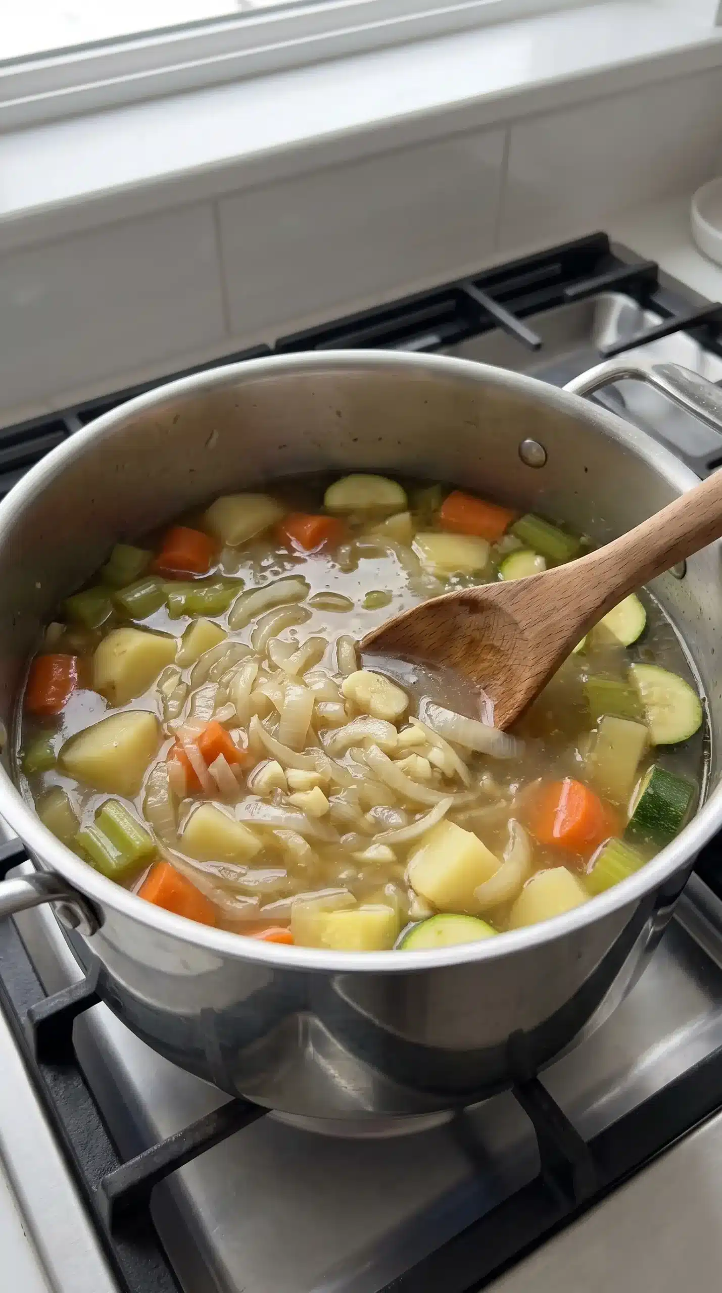 Vegetables and broth cooking together in a pot for creamy vegetable soup