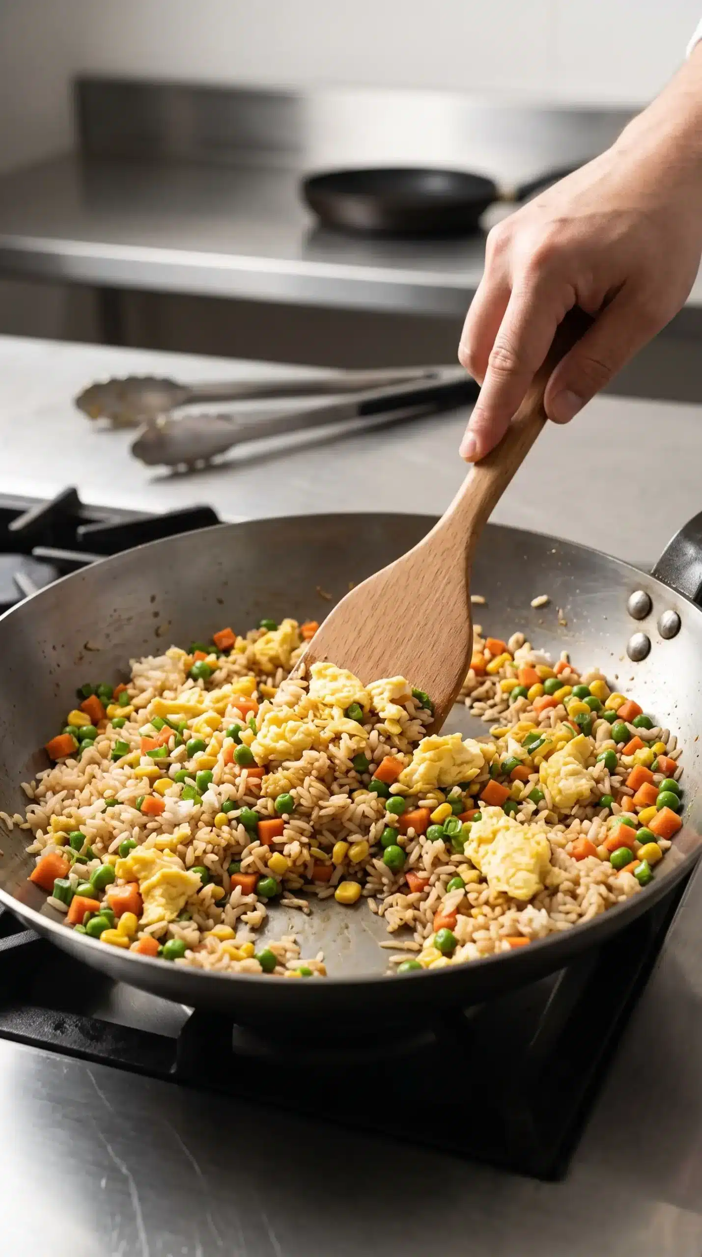 Skillet cooking egg fried rice with vegetables, eggs, and green onions