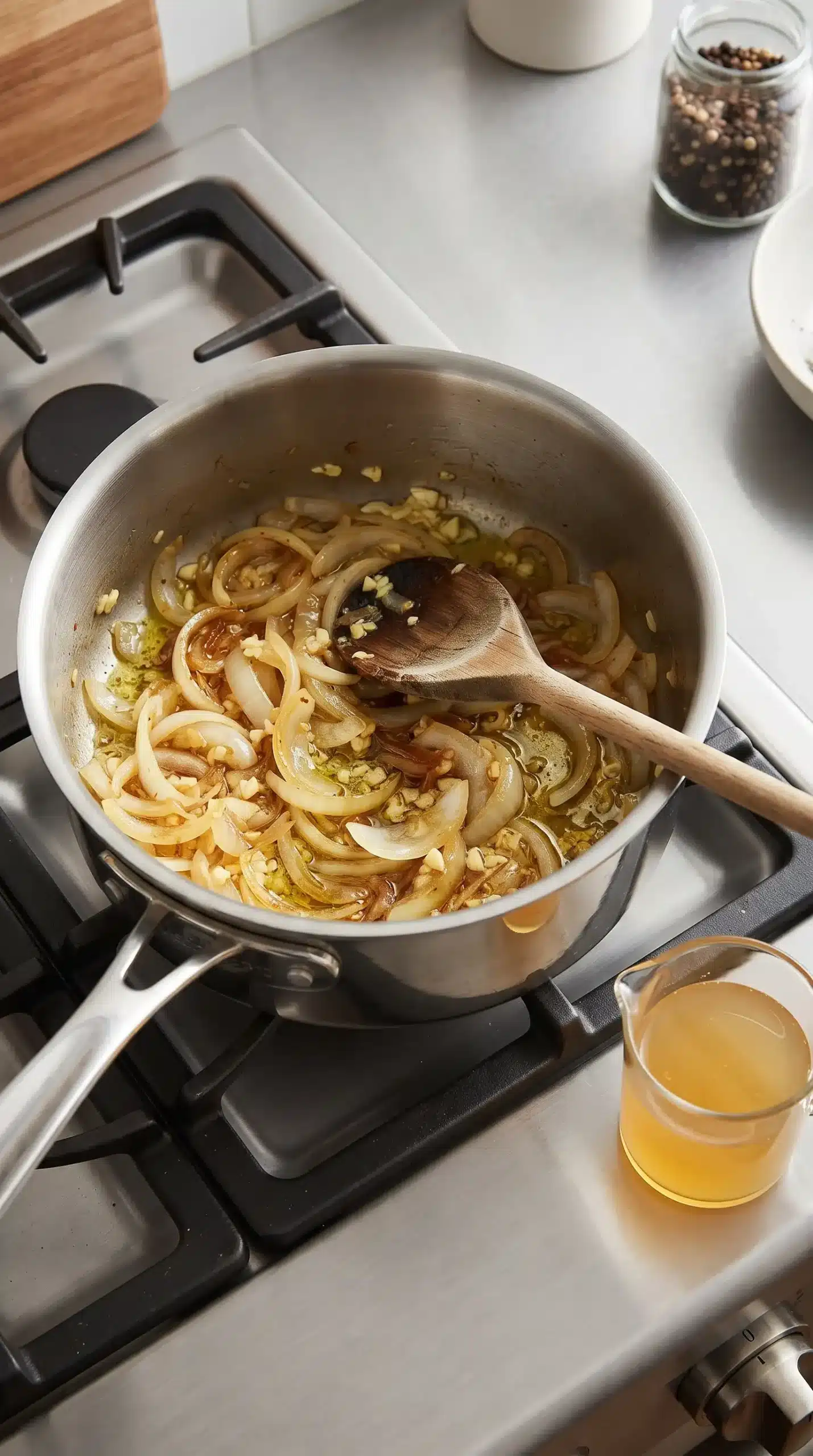 Onions and garlic cooking in a pot with oil, butter, and vegetable broth for soup