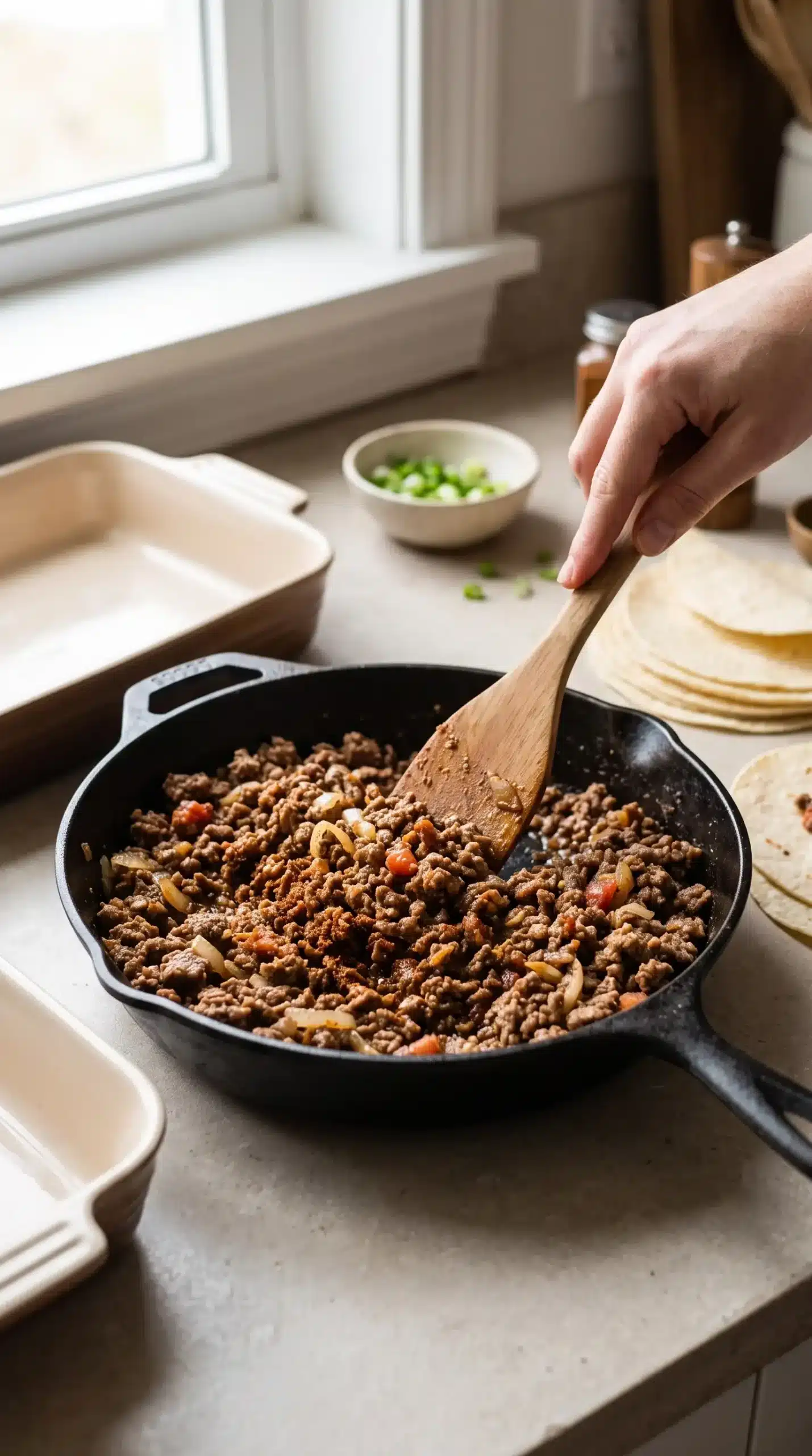Seasoned ground beef and onion filling cooking in a skillet for enchiladas