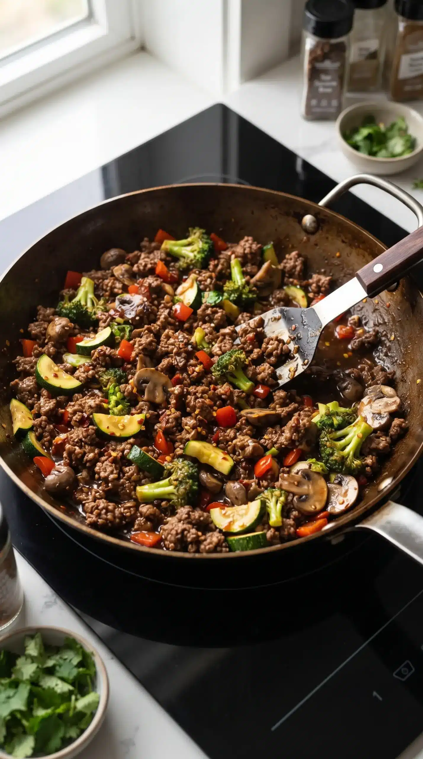 Ground beef stir fry cooking in a skillet with vegetables and savory sauce
