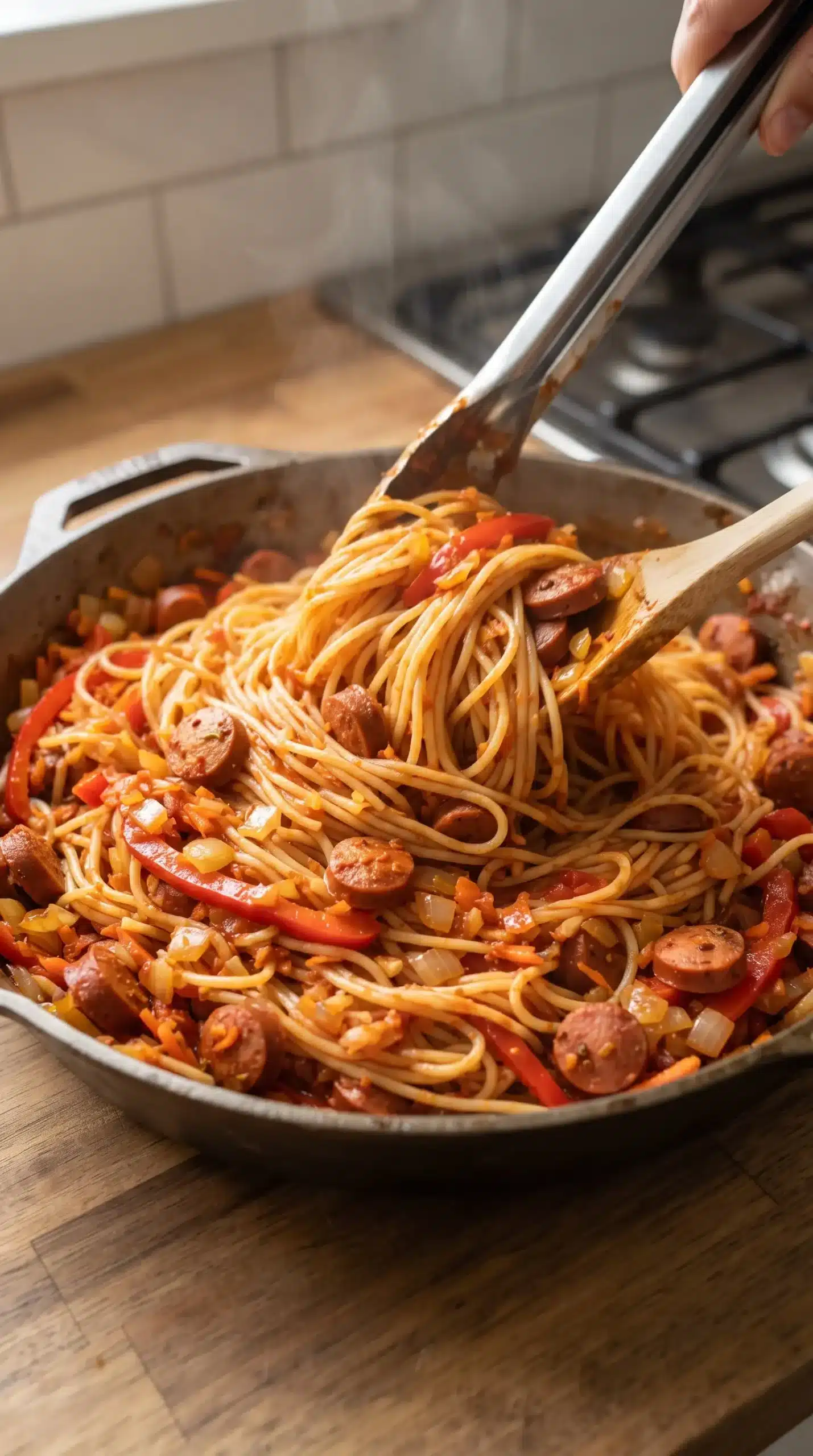 Haitian spaghetti cooking in a skillet with tomato sauce, sausage, and vegetables
