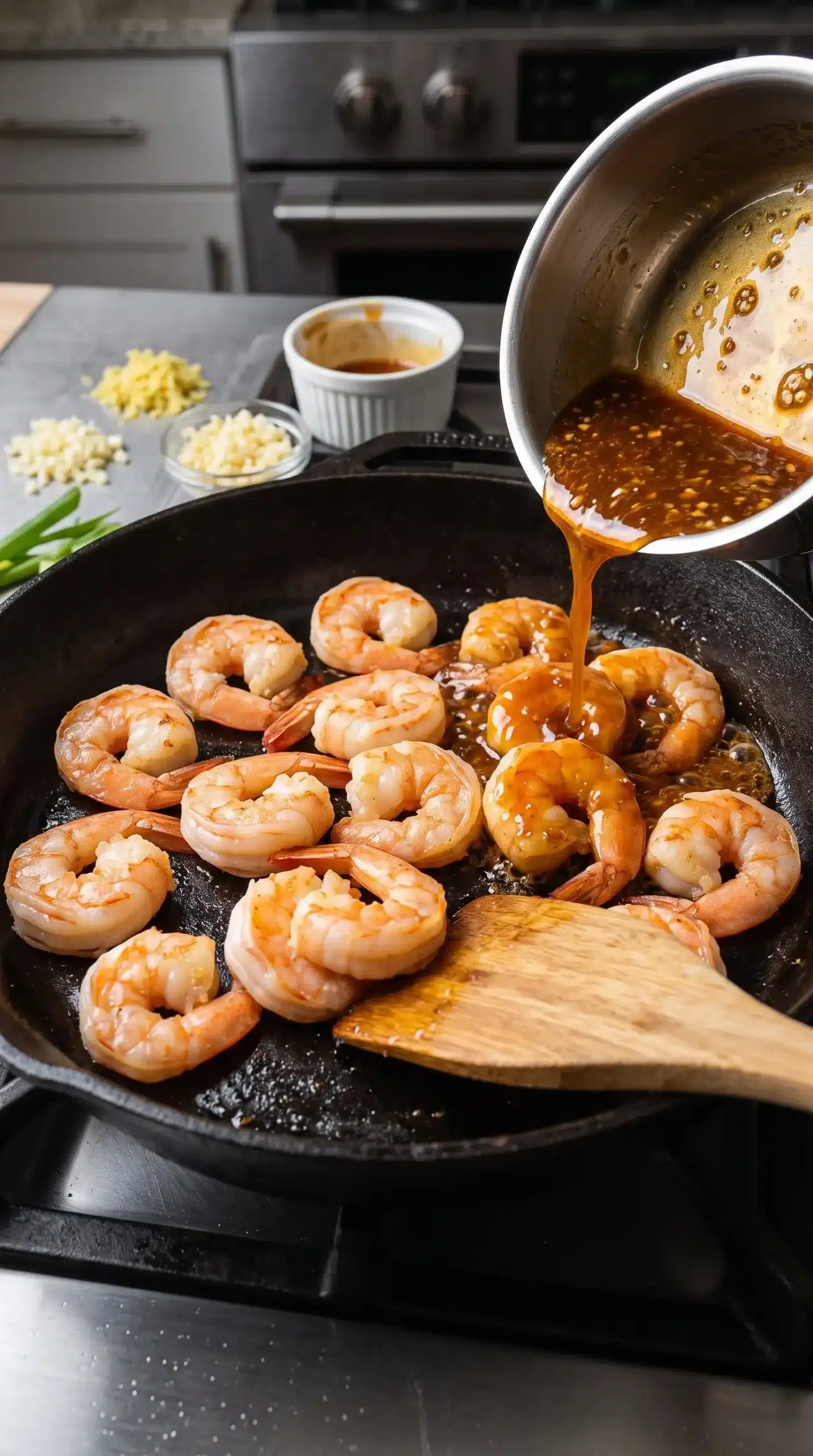 Shrimp cooking in a skillet with honey garlic sauce for shrimp bowls