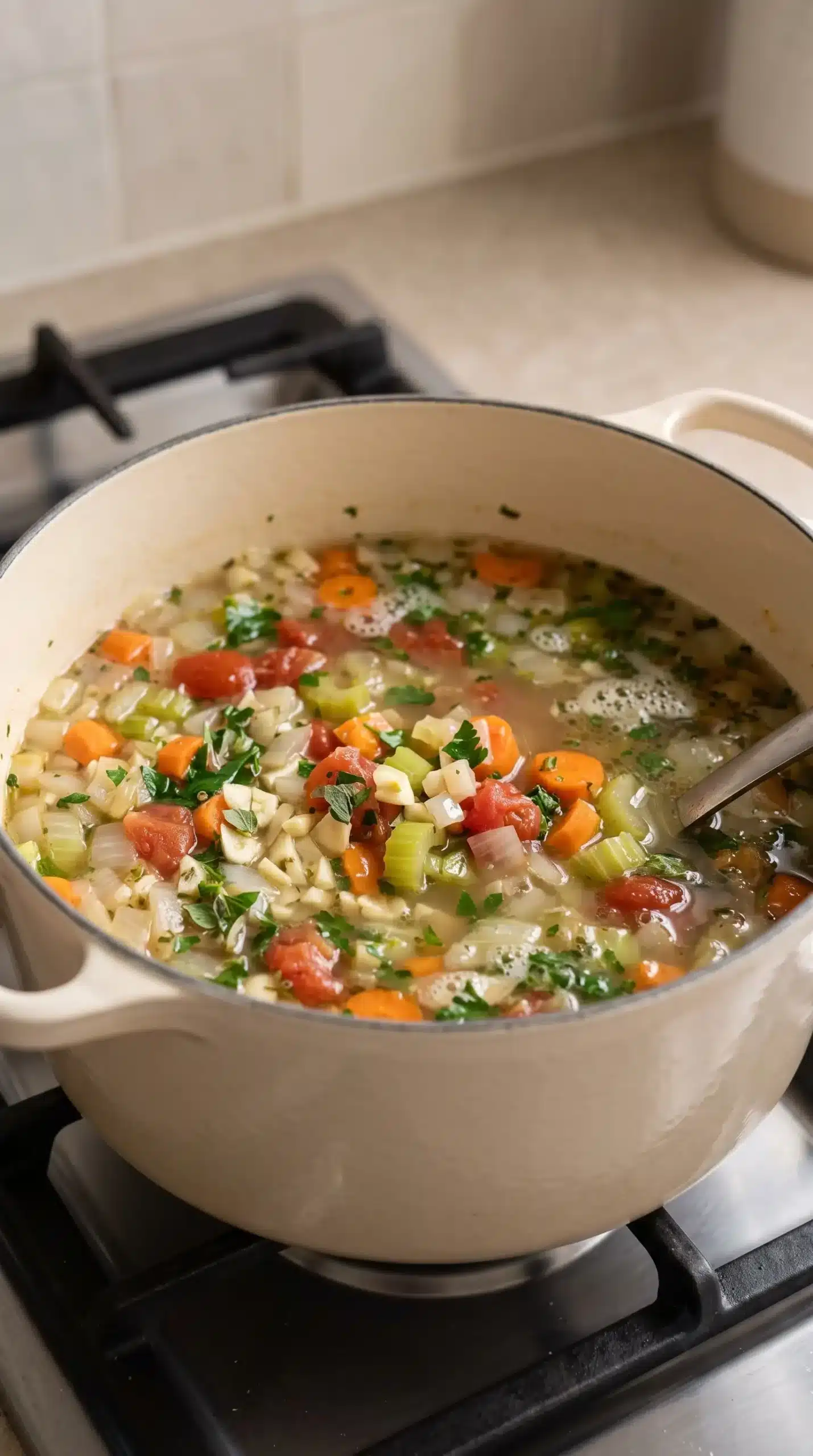 Italian Penicillin Soup vegetables and broth cooking in a soup pot