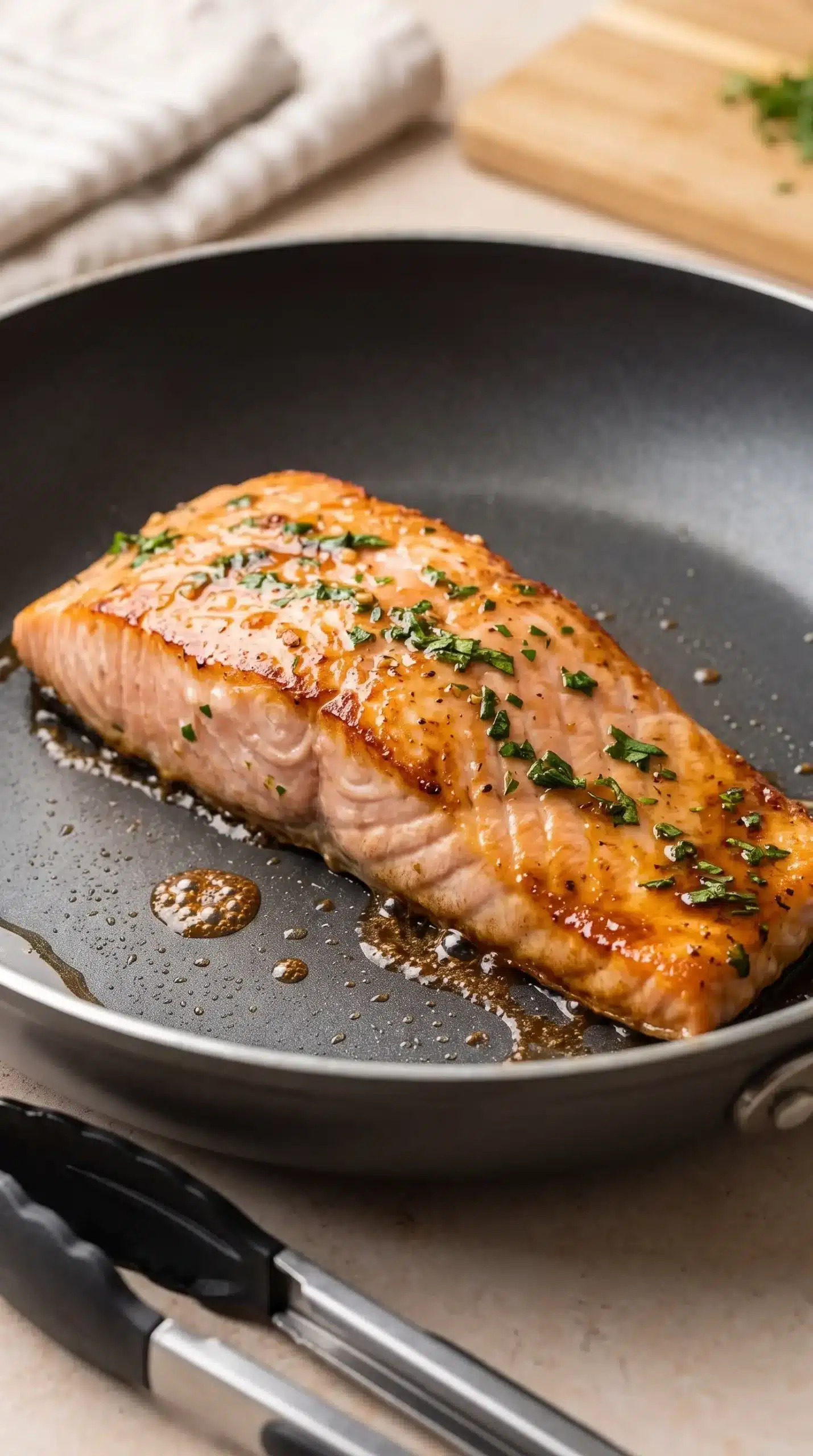 Marinated salmon fillet cooking in a skillet with browned edges