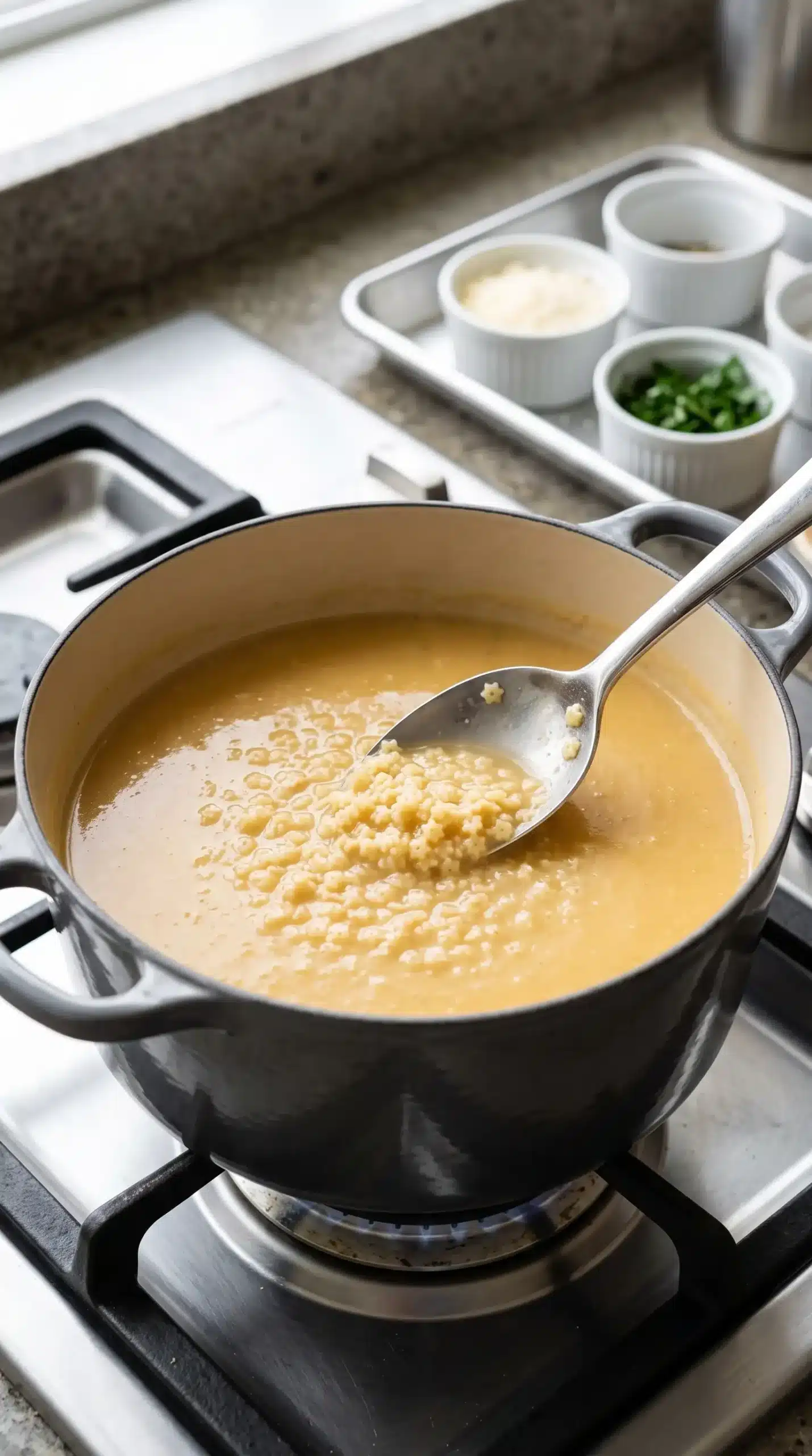 Pastina pasta cooking in blended vegetable broth inside a soup pot