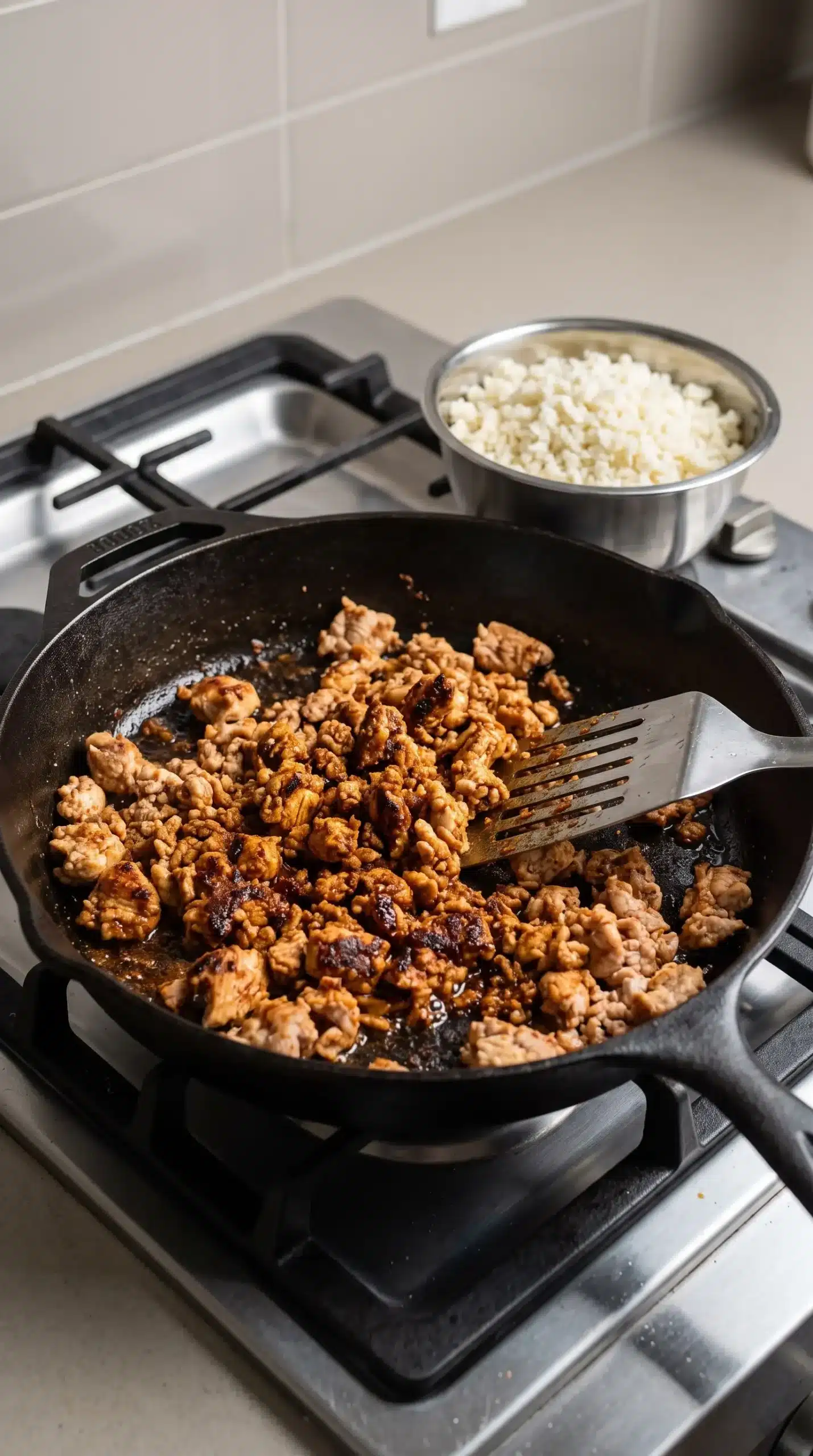 Professional food photography showing the cooking process for the low carb burrito bowl's chicken and cauliflower rice. Capture a close-up of a large skillet on a stovetop with ground chicken being browned and evenly coated with taco seasoning, with a spatula actively stirring the meat. Include a small amount of cauliflower rice nearby in a separate pan or bowl ready for cooking, showing the real preparation workflow. Focus on the browning stage, texture development, and kitchen tools needed for this step. Keep the scene realistic with a clean neutral background, no finished plated bowl, no steam or smoke effects, and no exaggerated action.