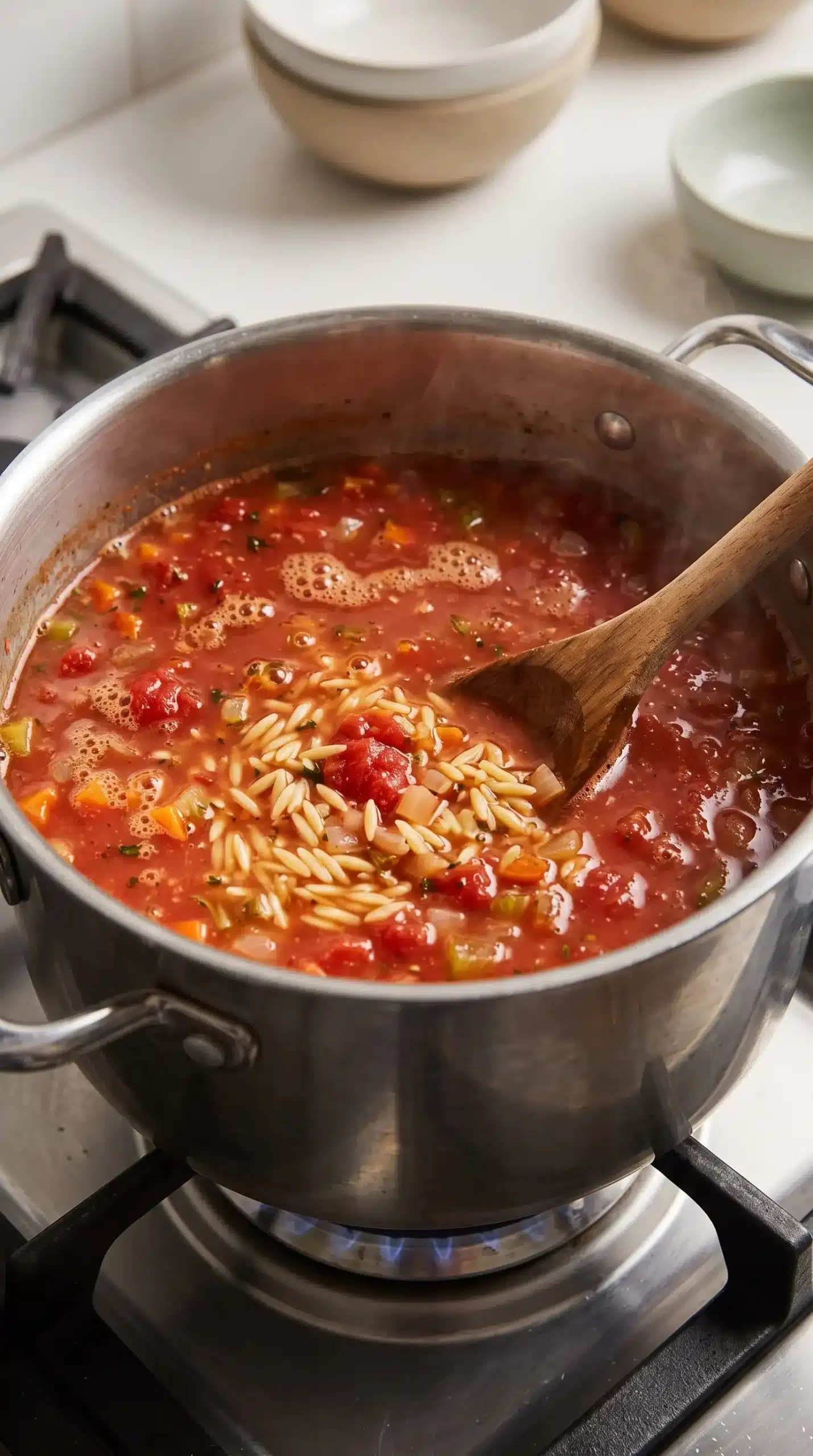 Tomato broth and orzo simmering in a pot during soup preparation