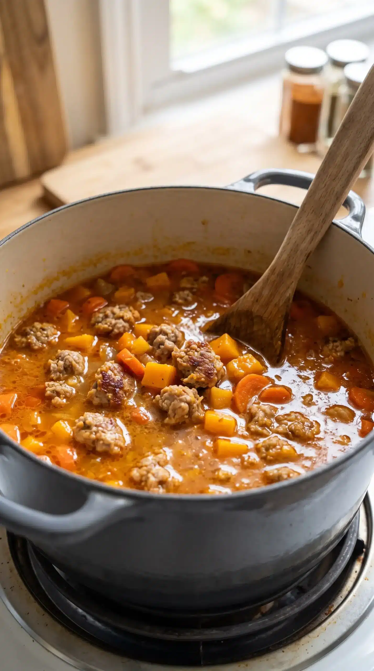 Sausage, butternut squash, and vegetables cooking together in broth for tortellini soup