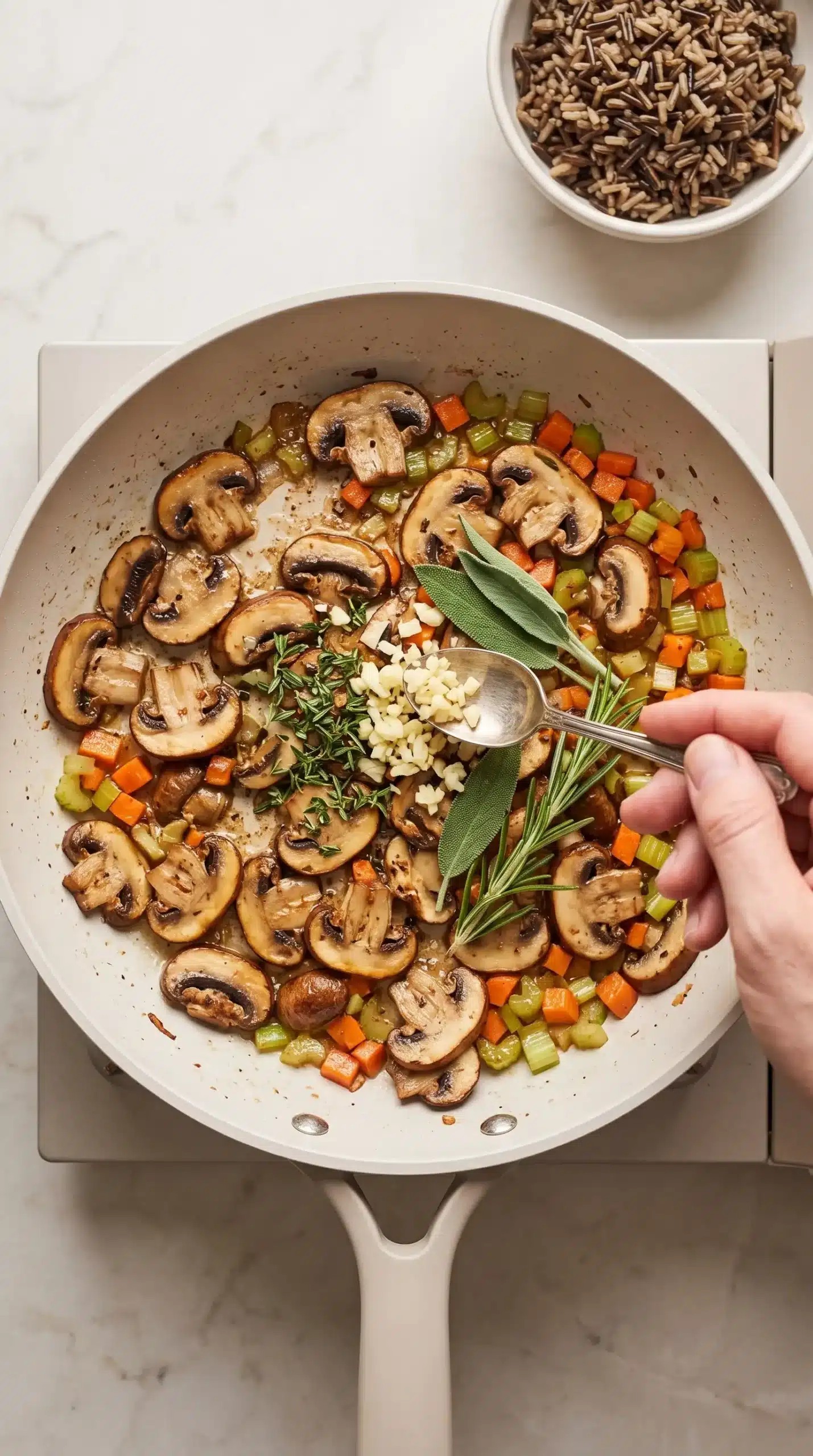 Mushrooms, carrots, celery, garlic, and herbs cooking for wild rice soup