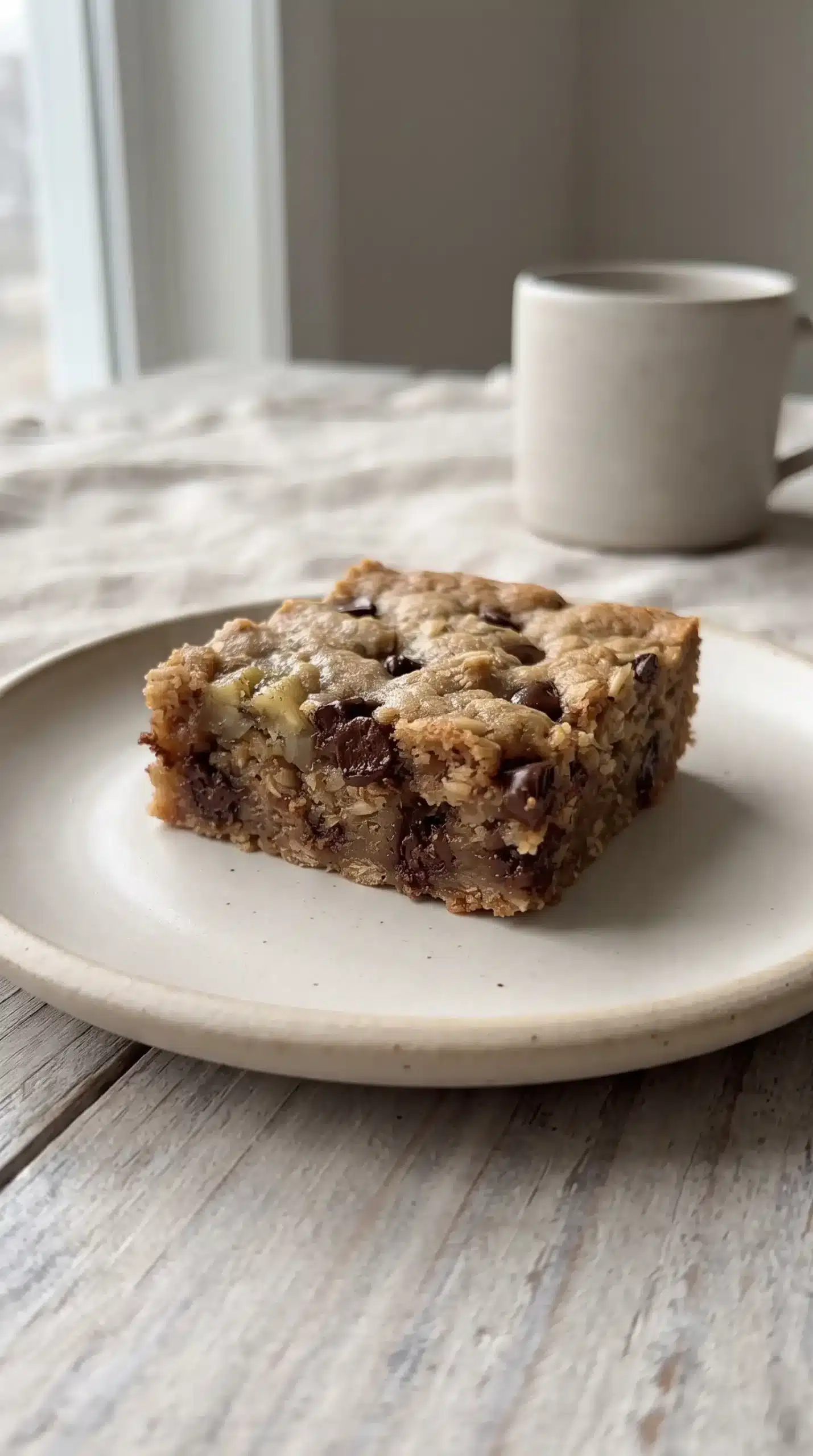 Cut banana bar showing a moist chewy center, oats, and chocolate chips after cooling.