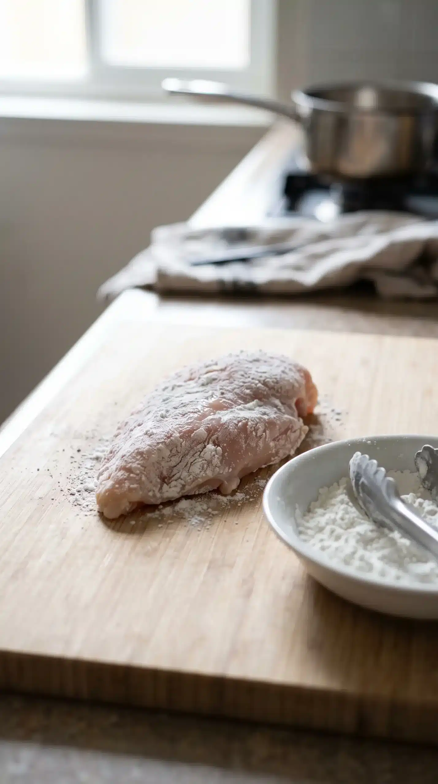 Chicken breast pieces coated with cornstarch before cooking for a crispy texture