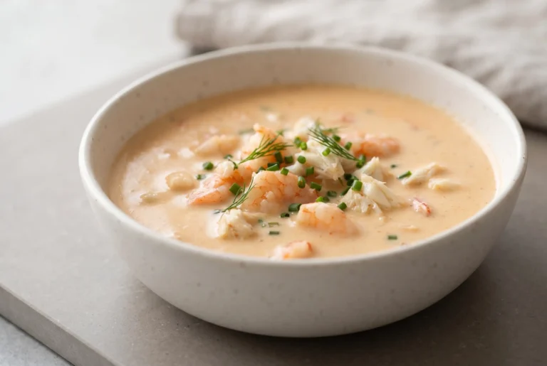 Crab and shrimp bisque with creamy seafood broth, shrimp pieces, crab meat, and herb garnish in a bowl