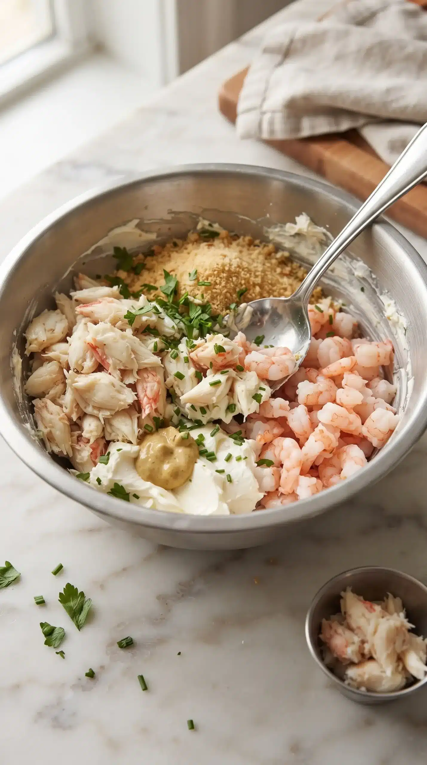 Creamy crab and shrimp seafood filling mixed with cream cheese, herbs, and breadcrumbs