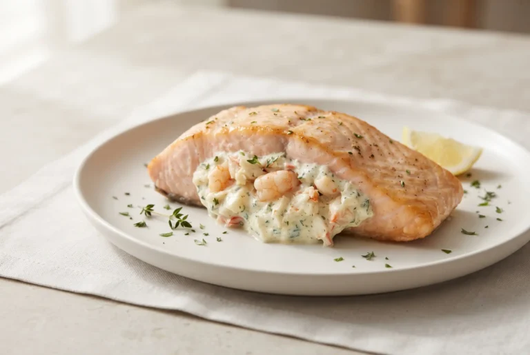 Stuffed salmon fillet with creamy crab and shrimp filling on a ceramic plate
