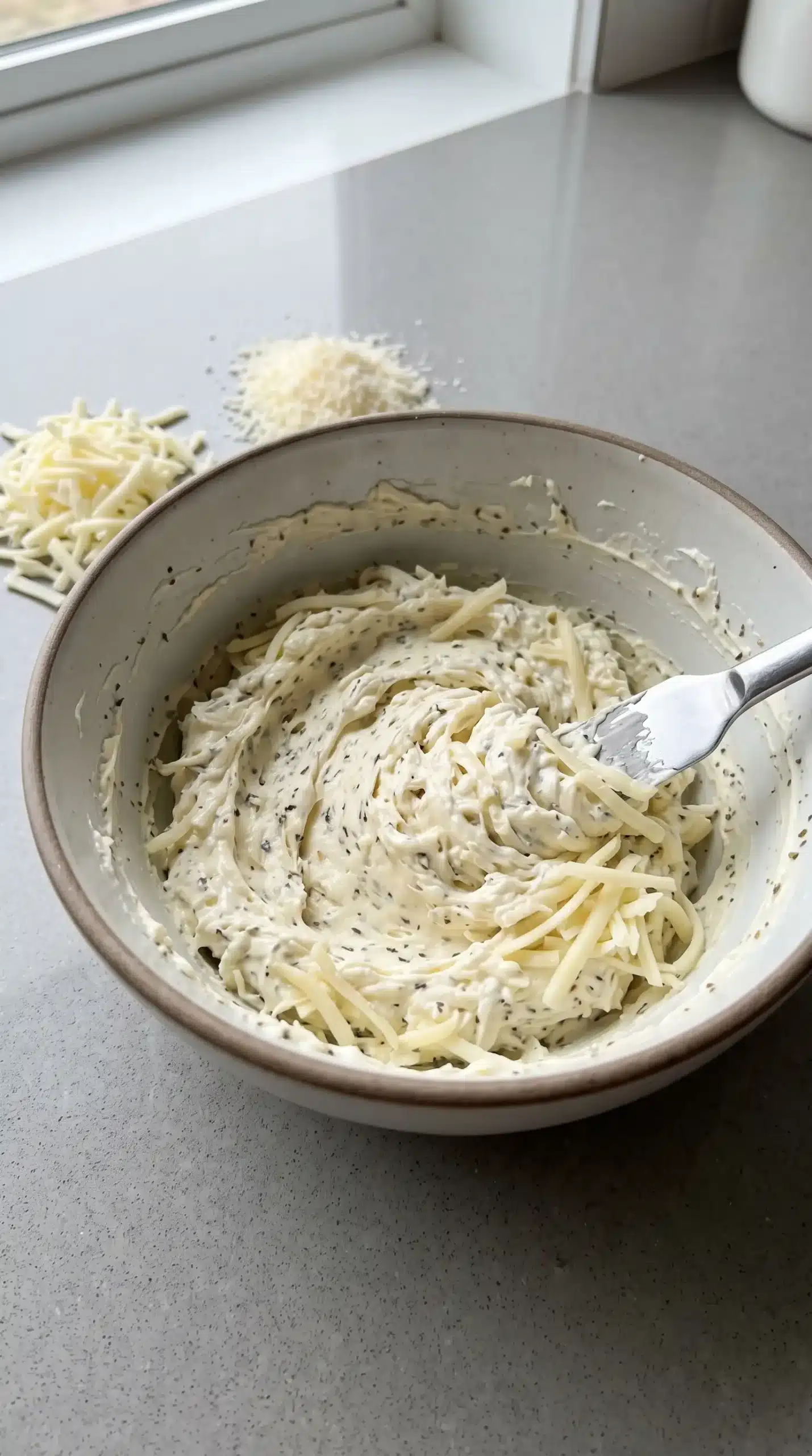 Cream cheese, mozzarella, Parmesan, and seasonings mixed for chicken topping