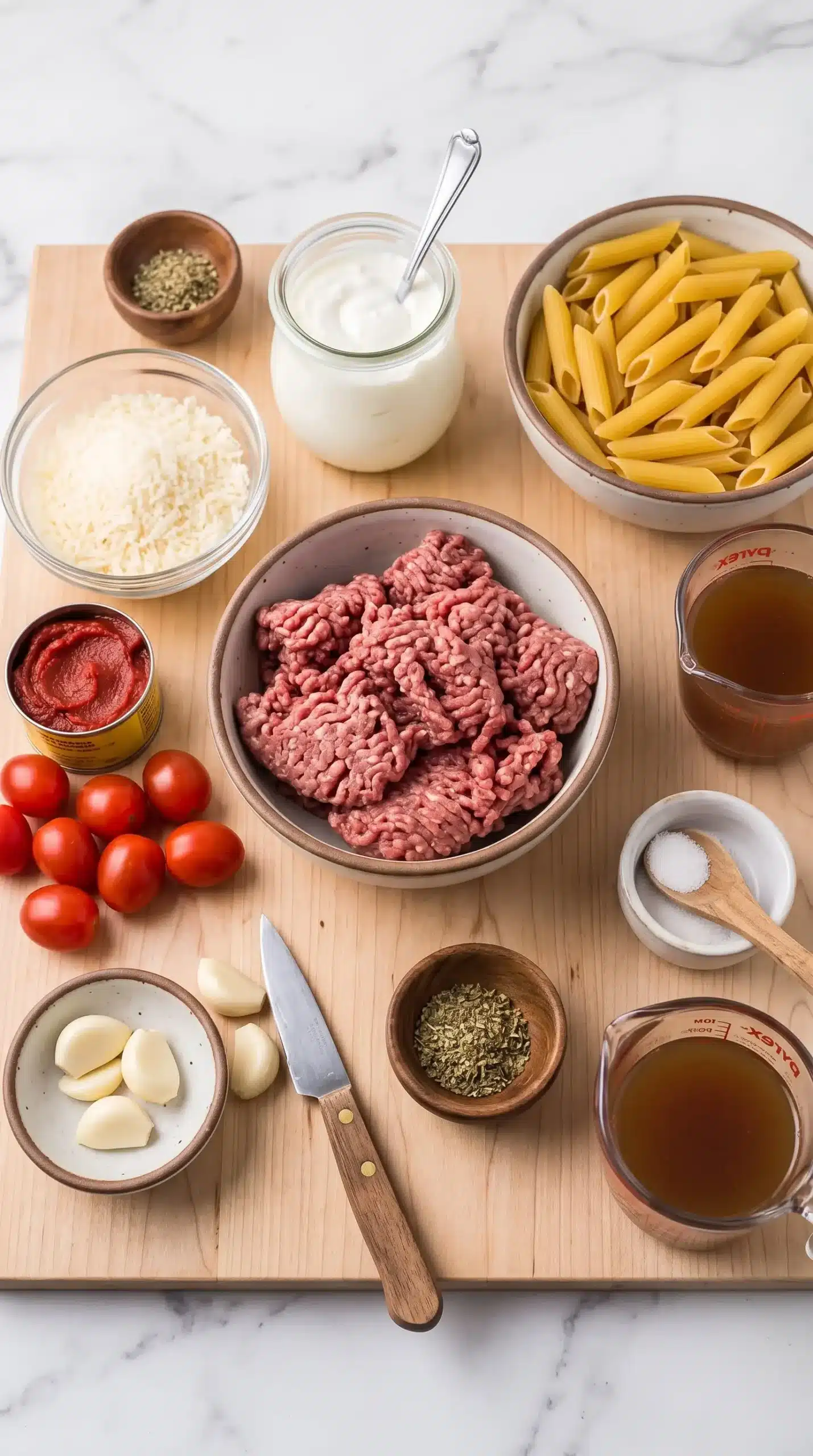 Ingredients for creamy beef pasta with ground beef, penne, Greek yogurt, Parmesan, and seasonings