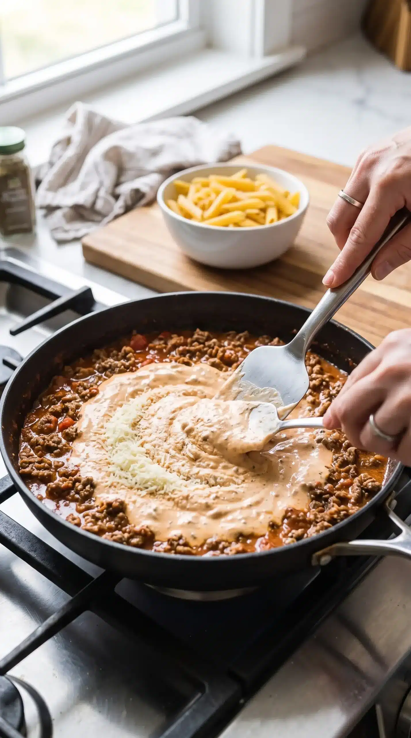 Skillet with browned beef, tomato sauce, Greek yogurt, and Parmesan forming a creamy pasta sauce