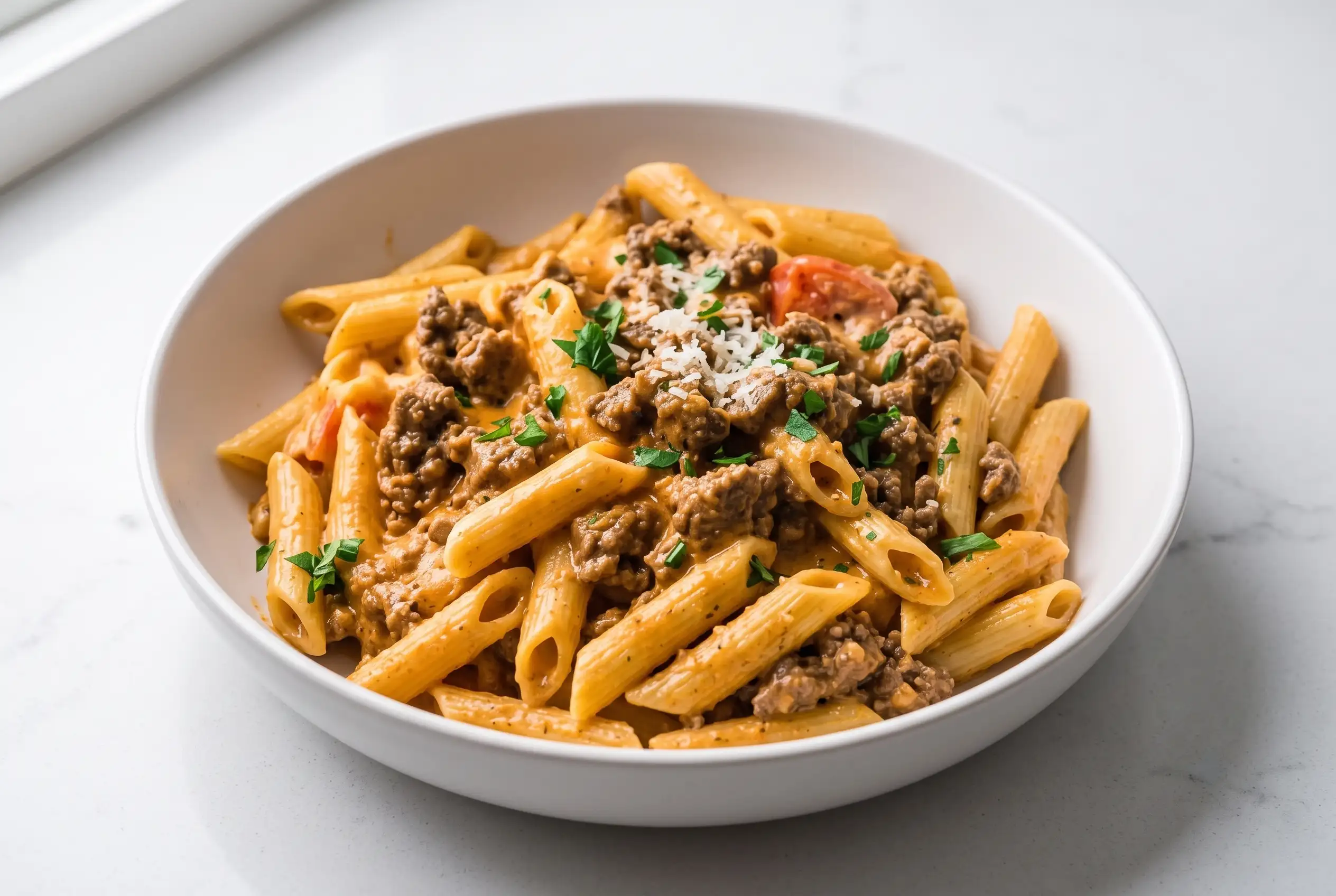 High protein creamy beef pasta with Greek yogurt, Parmesan, and savory beef in a bowl