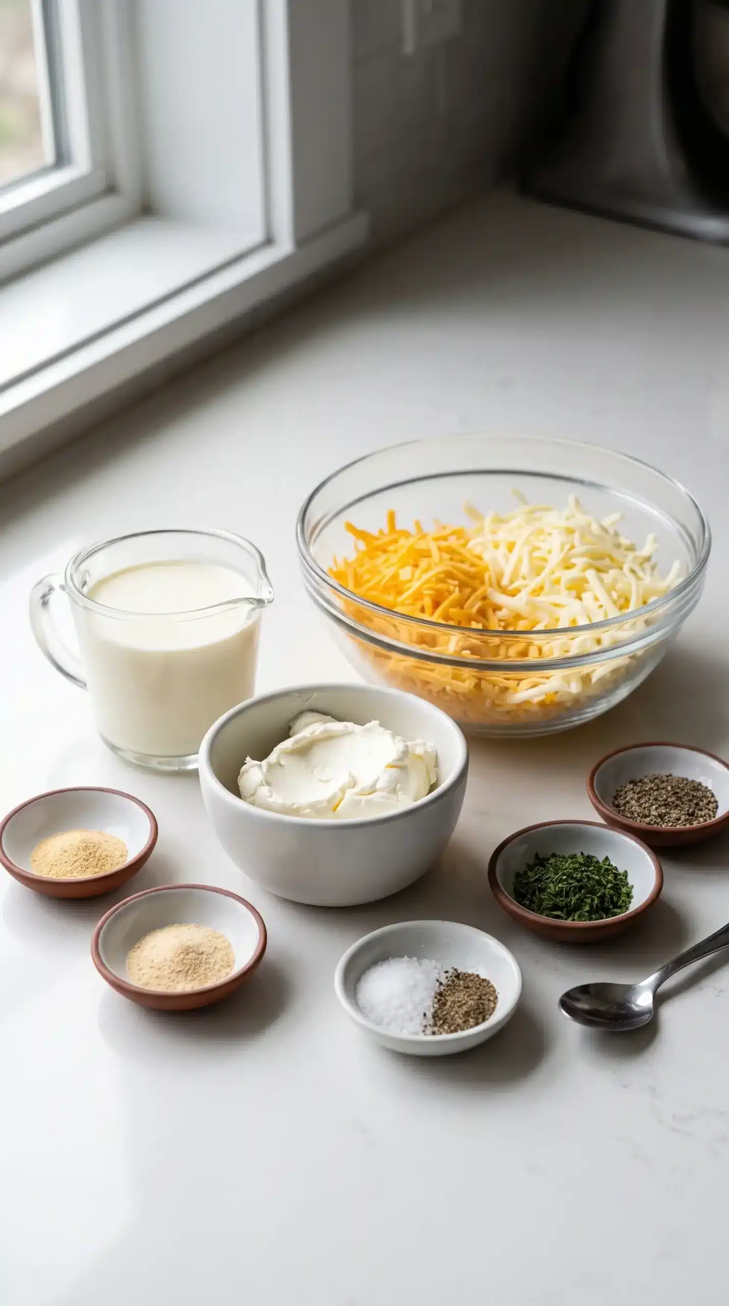 Cream cheese, heavy cream, cheddar, mozzarella, and seasonings for casserole sauce