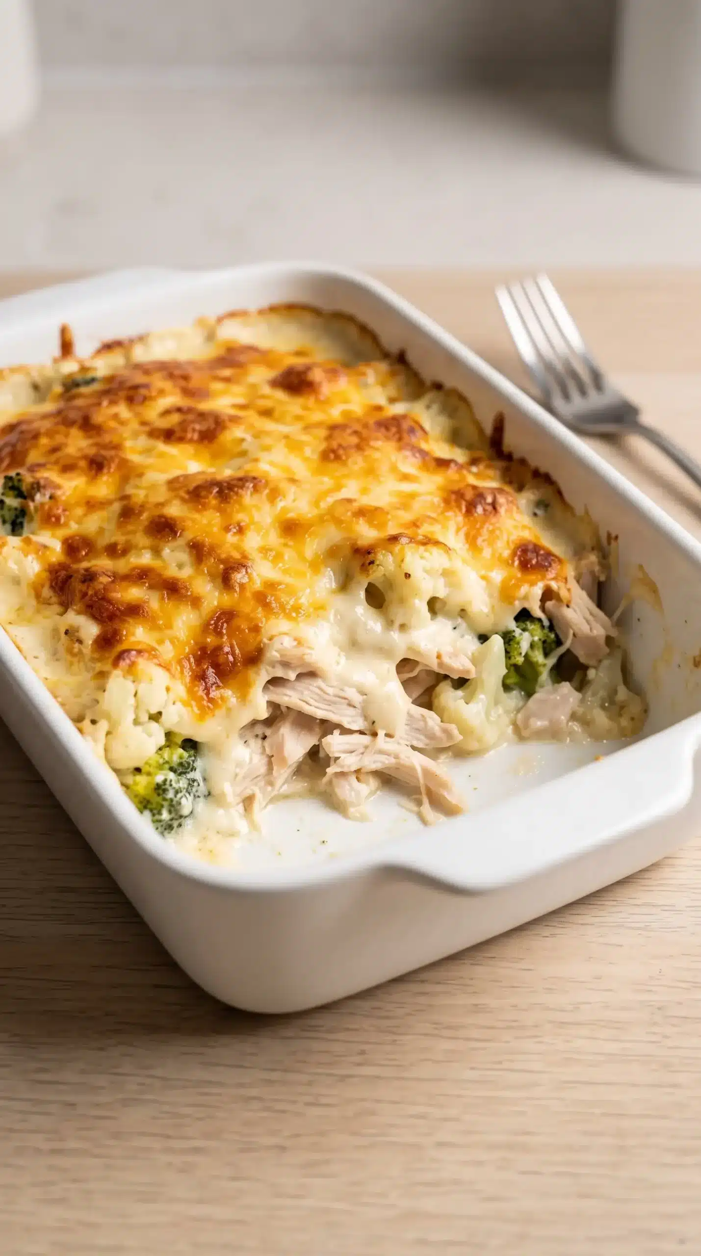 Serving of low carb chicken casserole with creamy cheese sauce and browned cheese topping