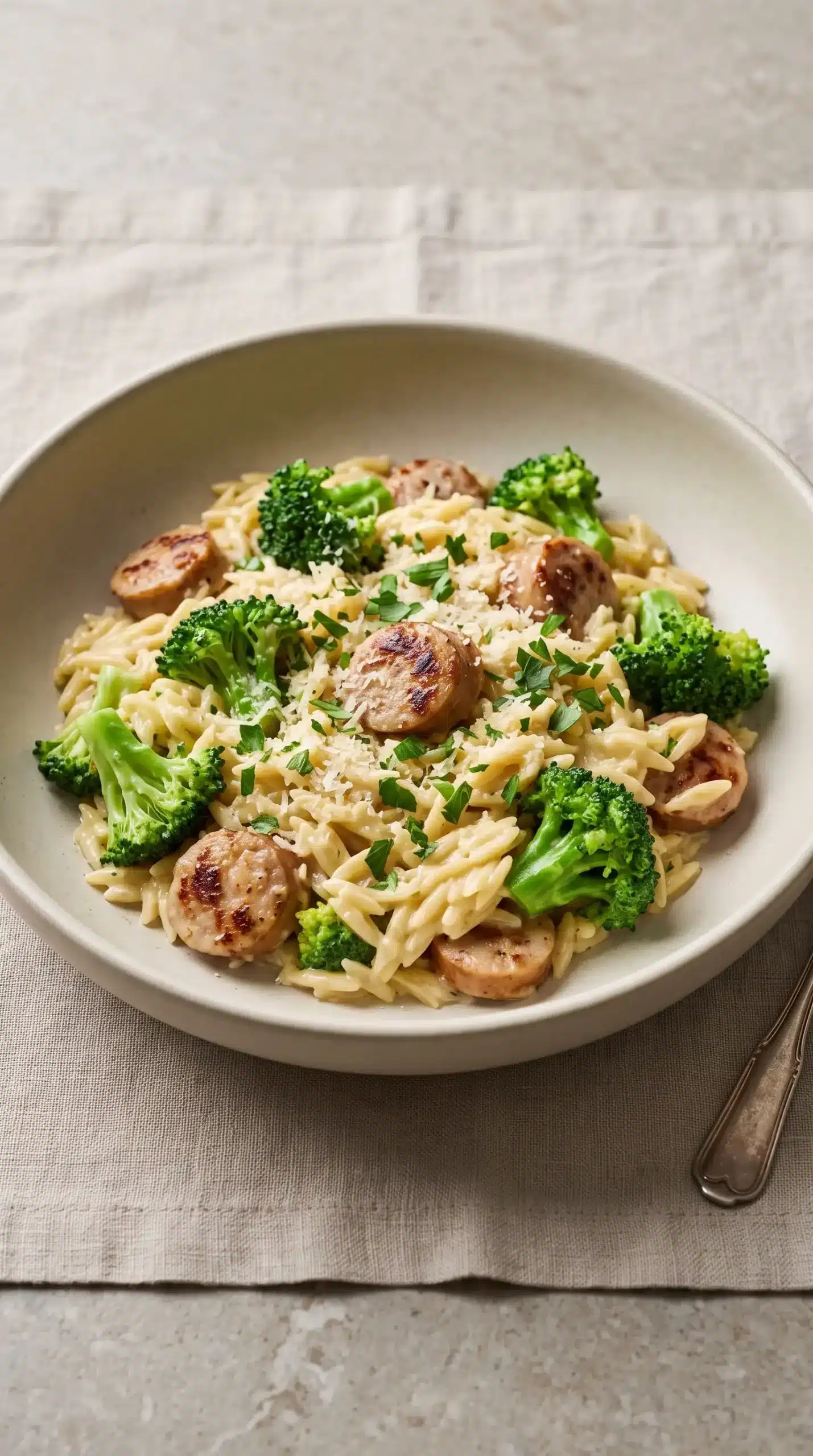 Creamy chicken sausage and broccoli orzo topped with Parmesan and parsley in a shallow ceramic bowl