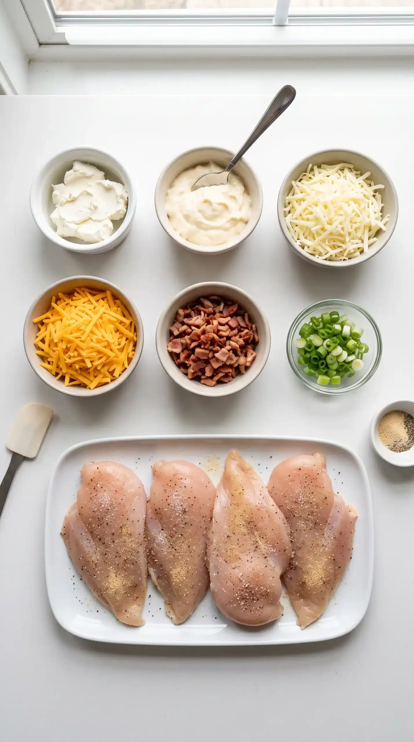 Cream cheese, mayonnaise, shredded cheeses, bacon, green onions, and raw chicken breasts