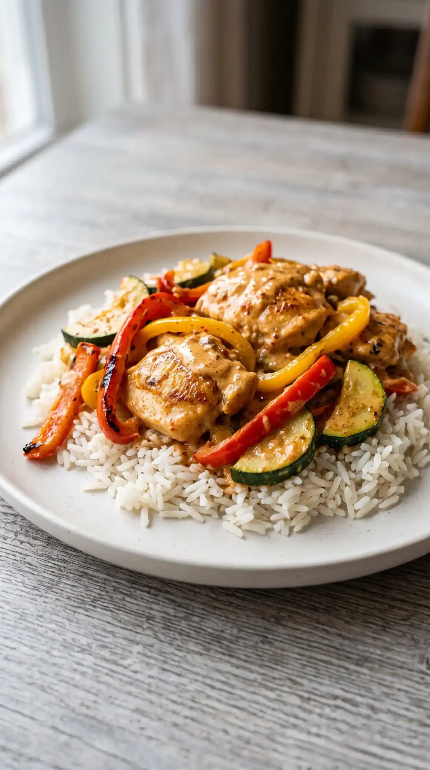 Creamy chicken with zucchini, peppers, ajvar sauce, and jasmine rice
