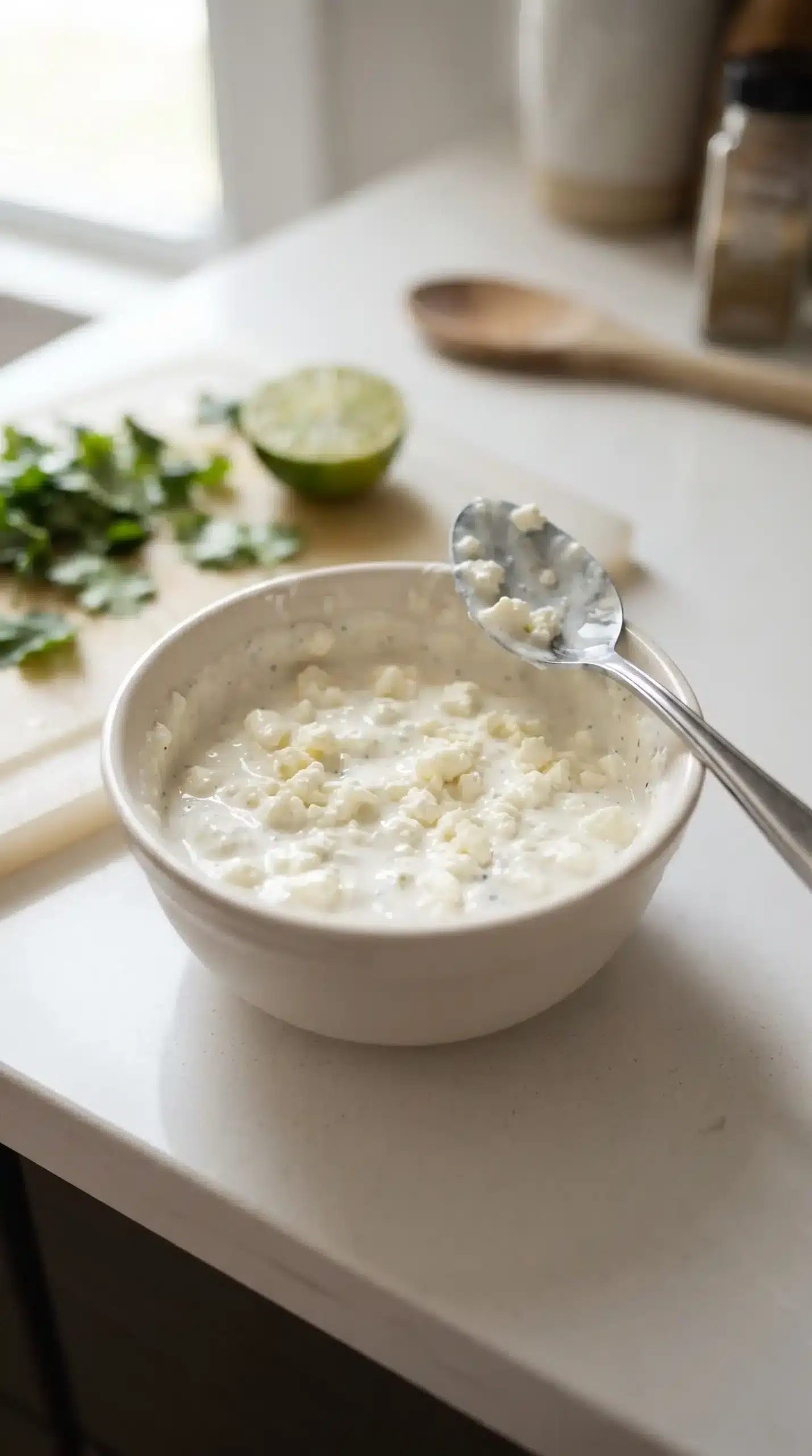 Creamy feta sauce mixture with crumbled feta, sour cream, mayonnaise, and lime