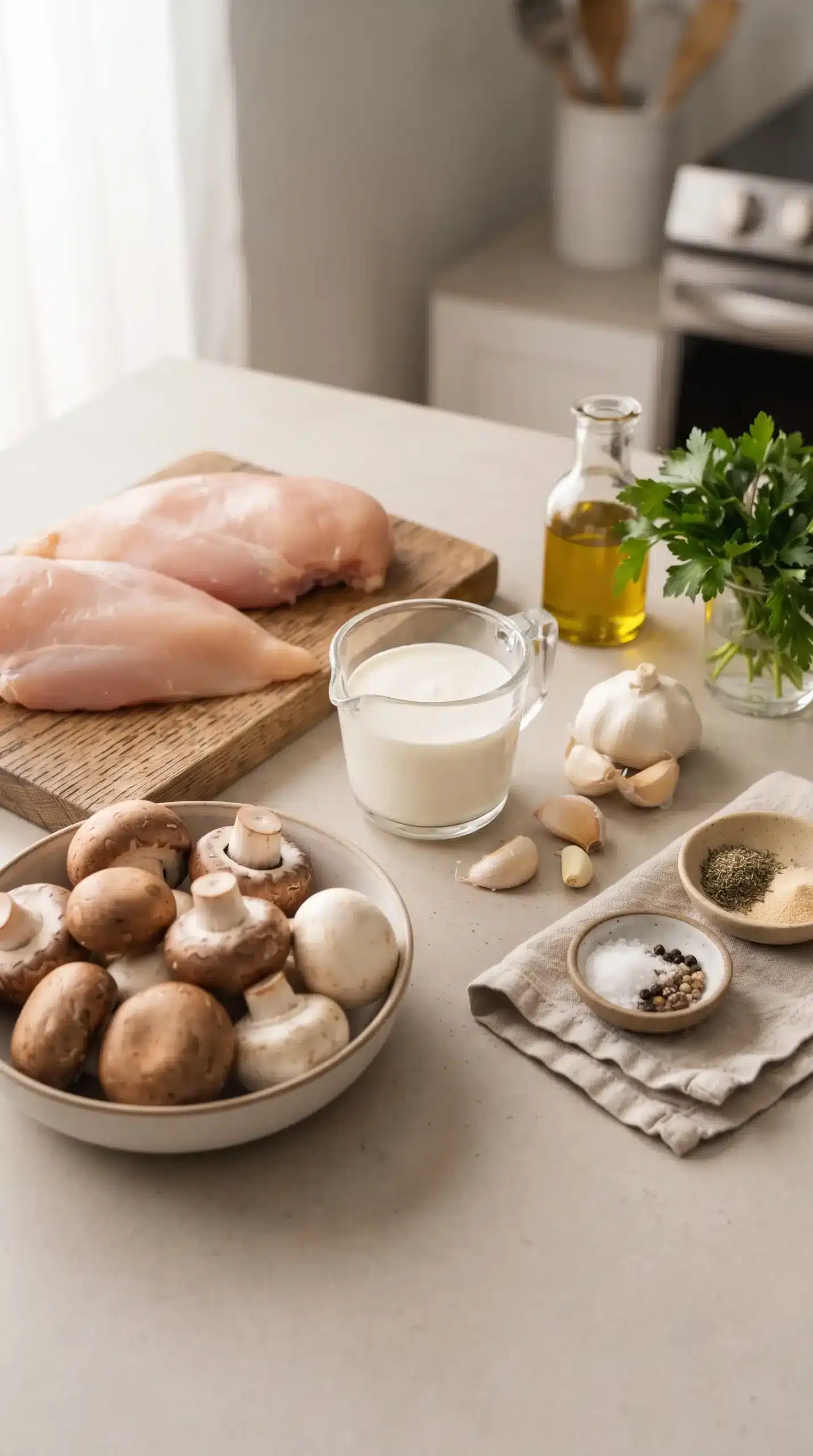 Ingredients for creamy garlic chicken with mushrooms including chicken, garlic, cream, and mushrooms