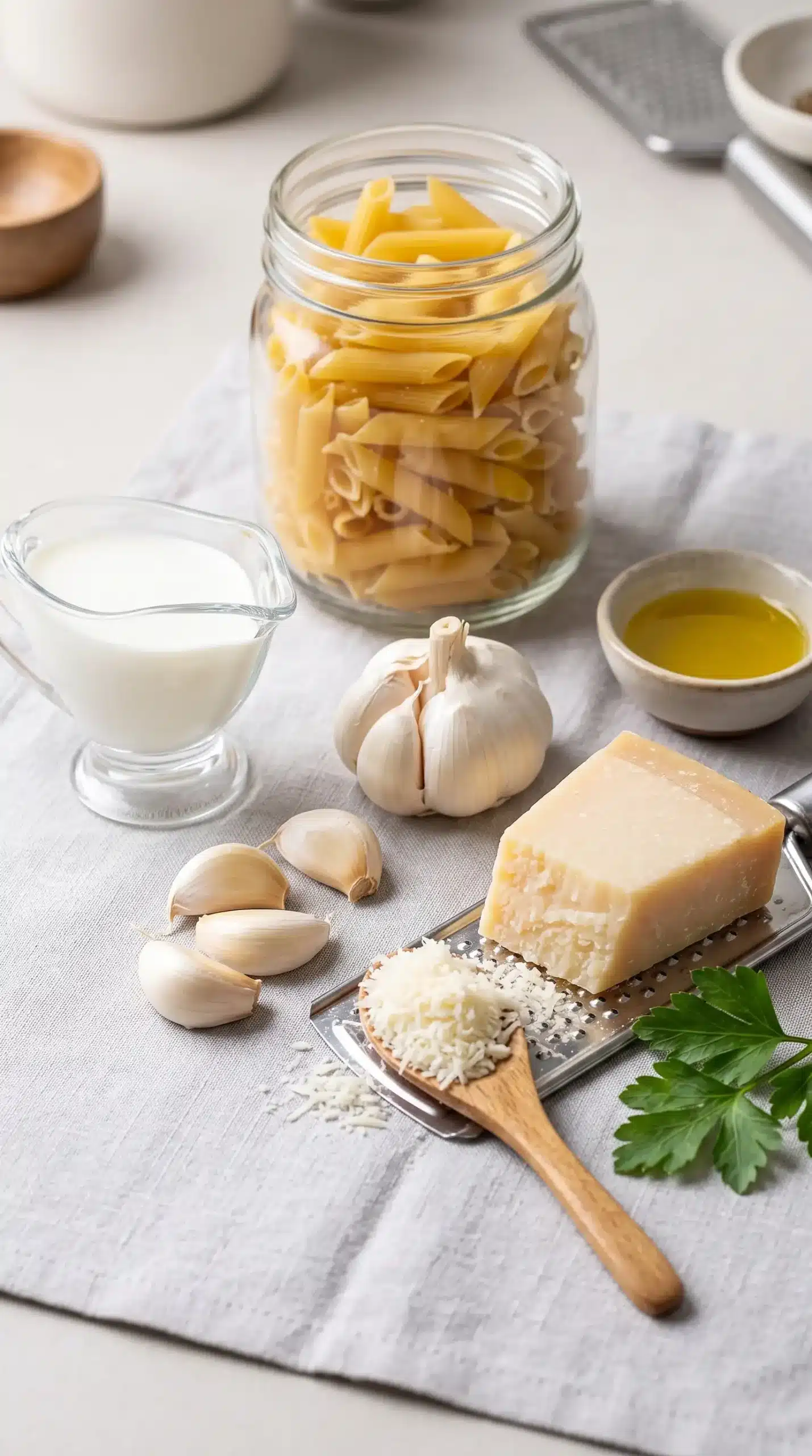 Ingredients for creamy garlic pasta with garlic, Parmesan, pasta, milk, olive oil, and parsley