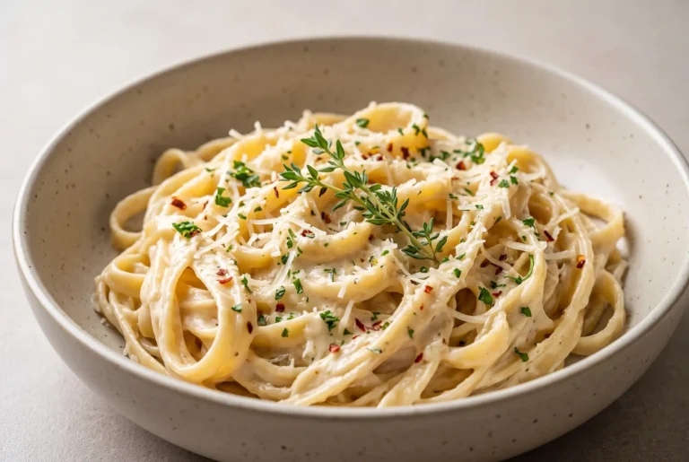 Creamy garlic pasta with silky garlic Parmesan sauce, parsley, and grated cheese in a bowl