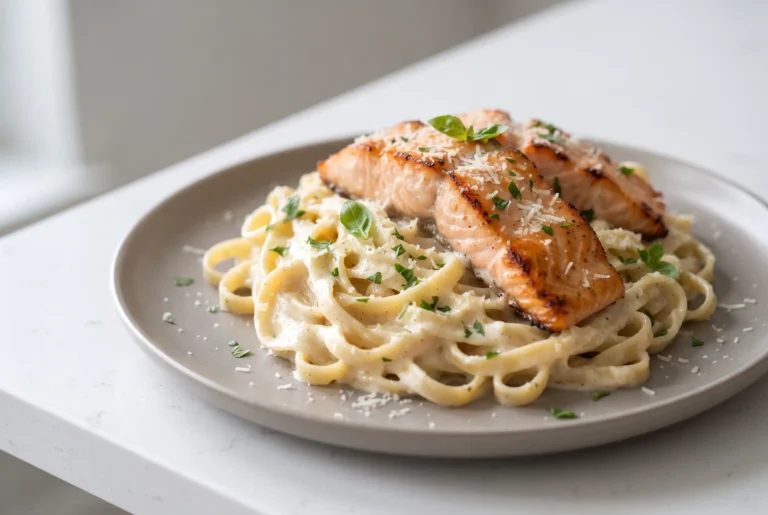 Creamy garlic salmon pasta with Parmesan garlic sauce, pasta strands, and golden seared salmon pieces