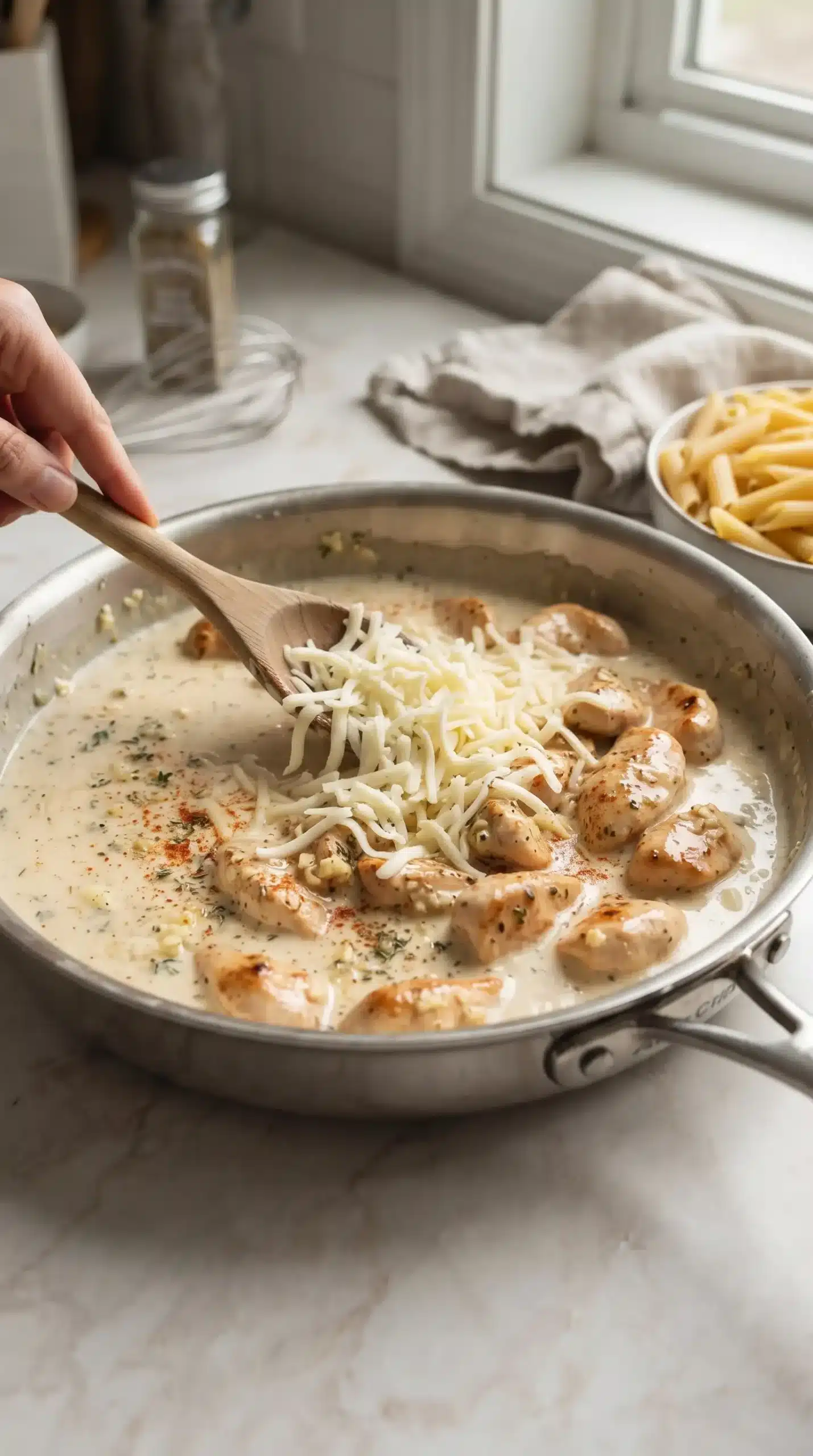 Chicken pieces in creamy garlic sauce with mozzarella being stirred in a skillet