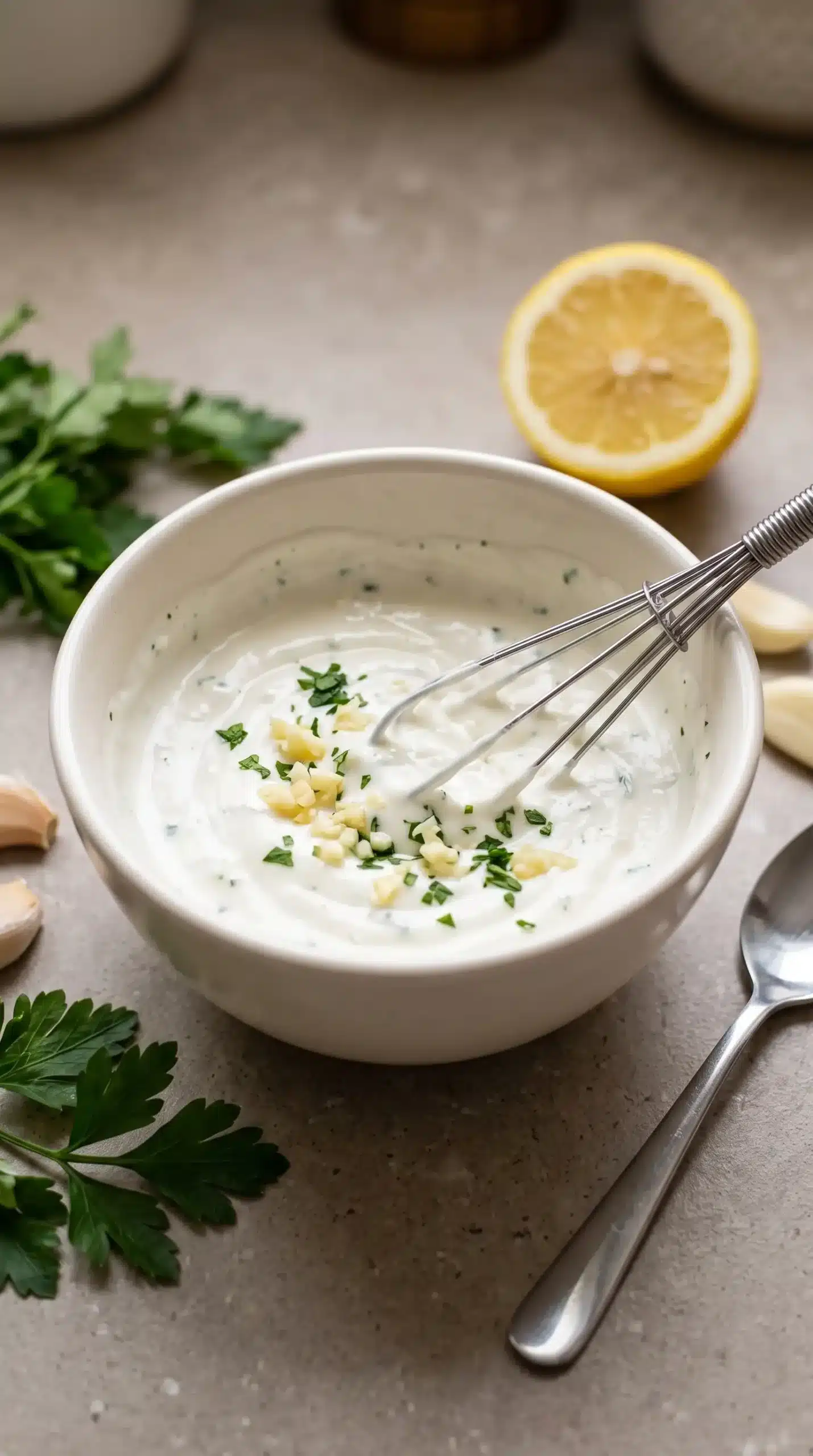 Creamy garlic yogurt sauce being mixed with garlic, lemon, and parsley