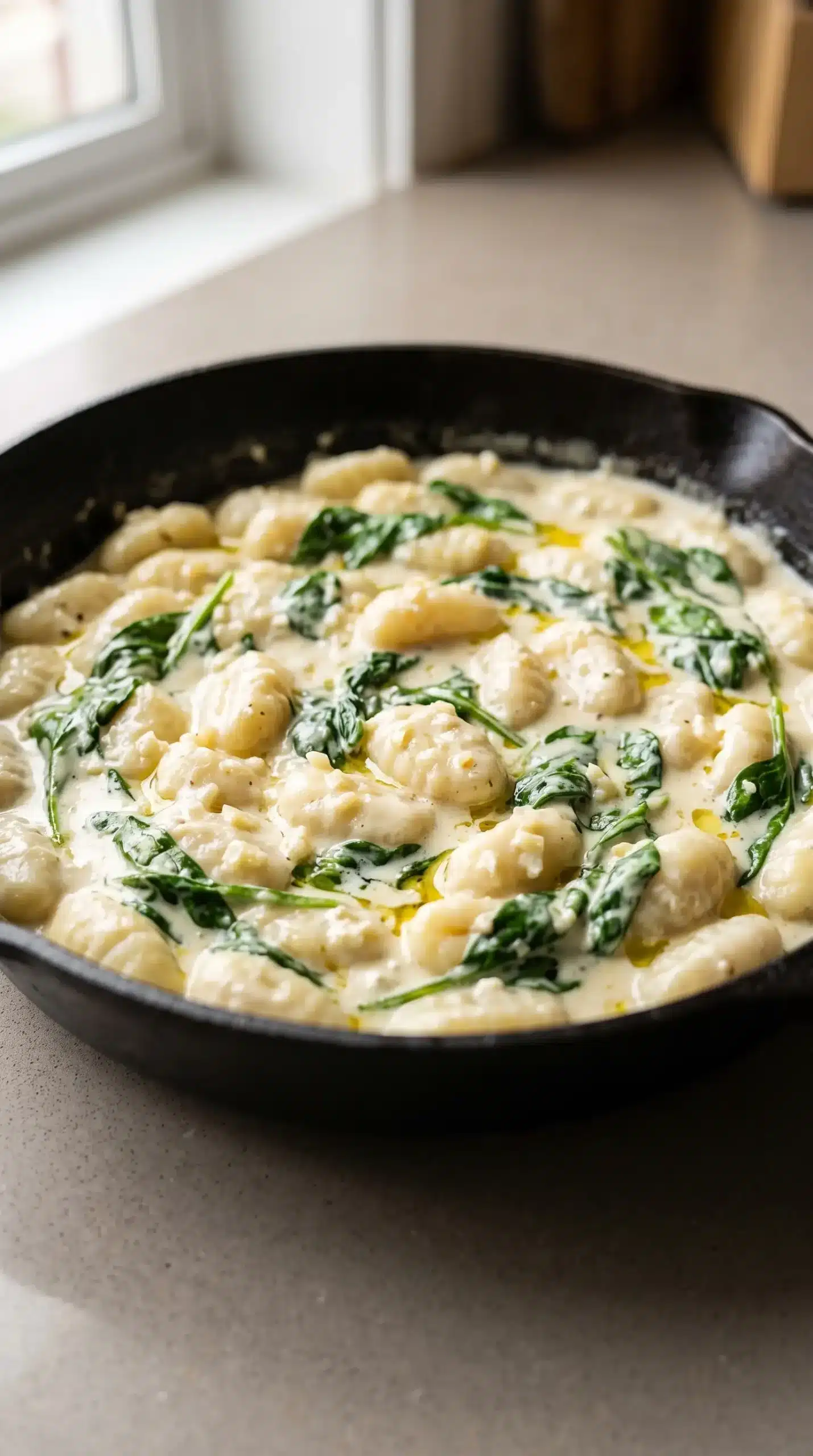Creamy gnocchi coated in feta sauce with wilted spinach and garlic in a skillet