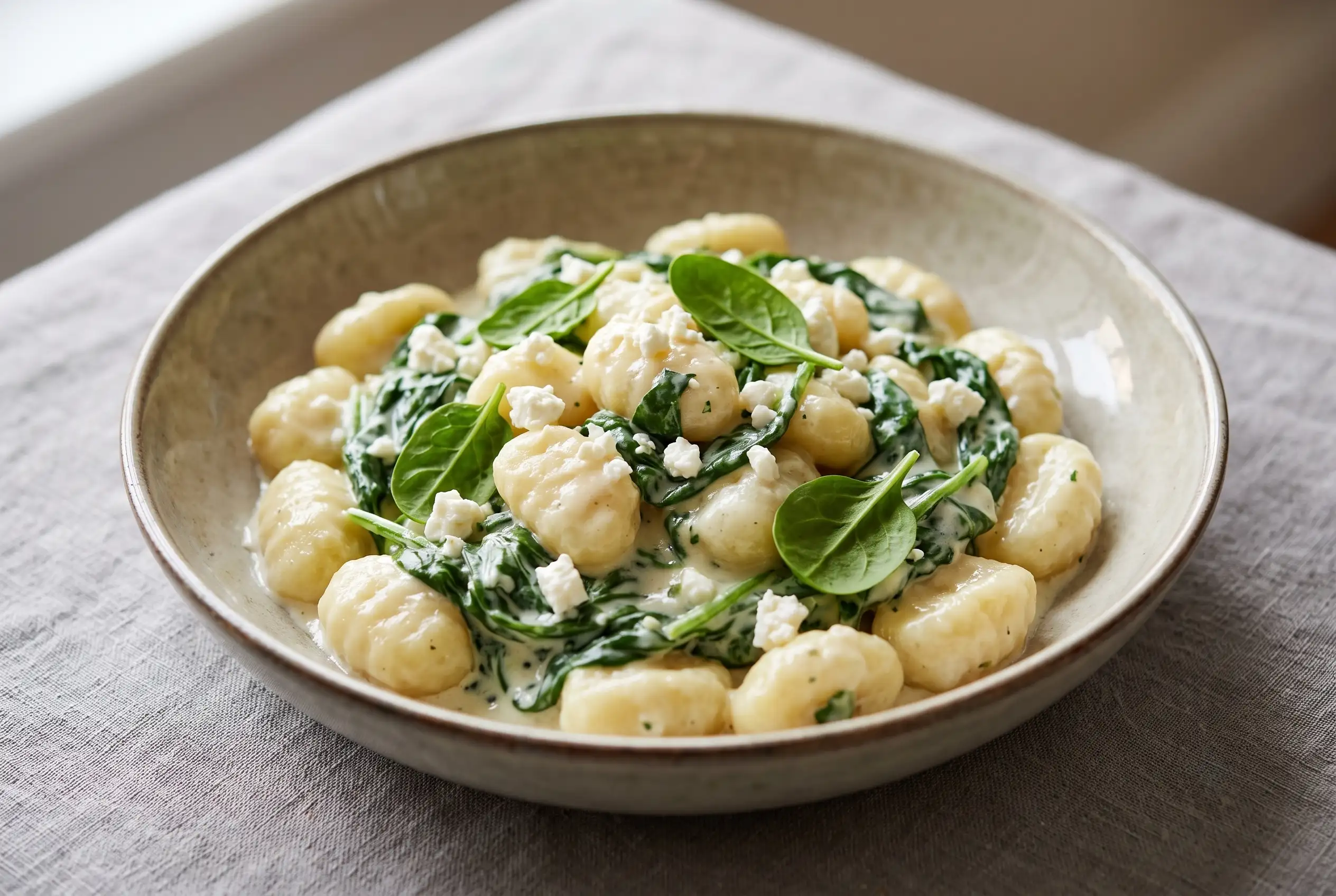 Creamy gnocchi with spinach and feta in a bowl with soft potato gnocchi and creamy sauce